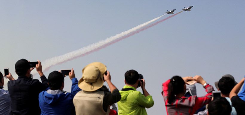 China's J-10 fighter jets perform during an air show, the 11th China International Aviation and Aerospace Exhibition in Zhuhai