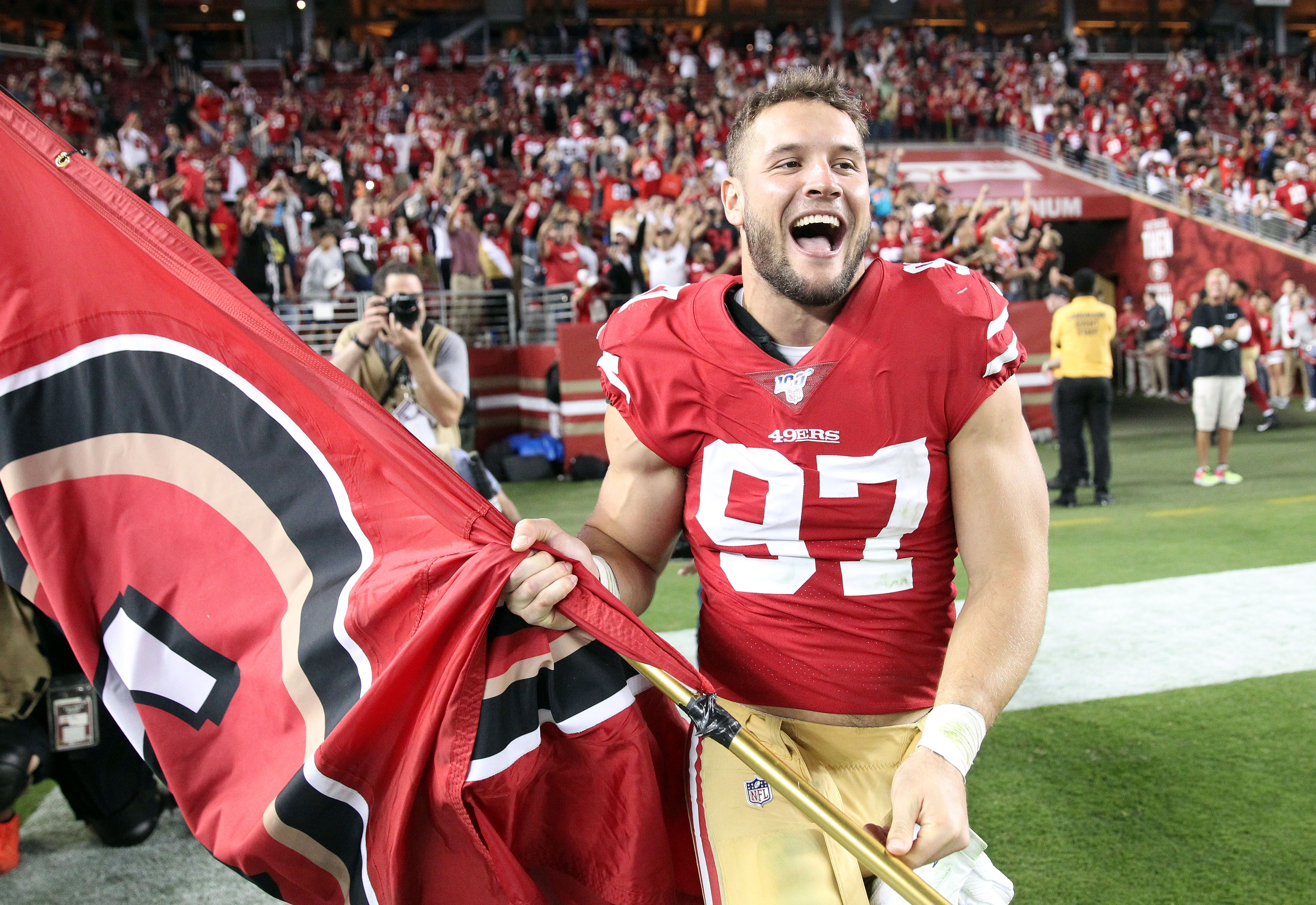 Nick Bosa mocks Baker Mayfield with flag-planting following sack