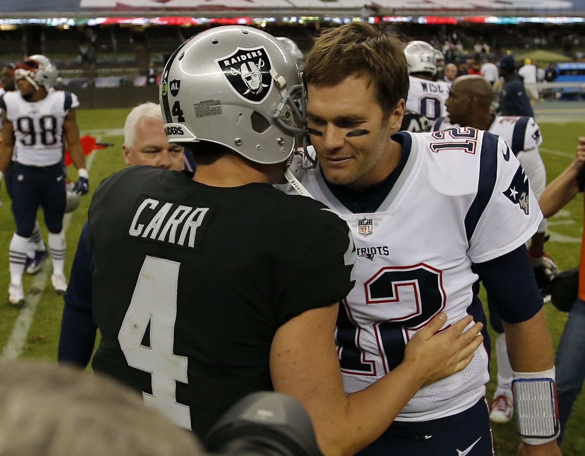 New England Patriots Tom Brady and San Diego Chargers Philip Rivers  exchange words after the AFC Championship game at Gillette Stadium in  Foxboro Massachusetts on January 20, 2008. The Patriots defeated the