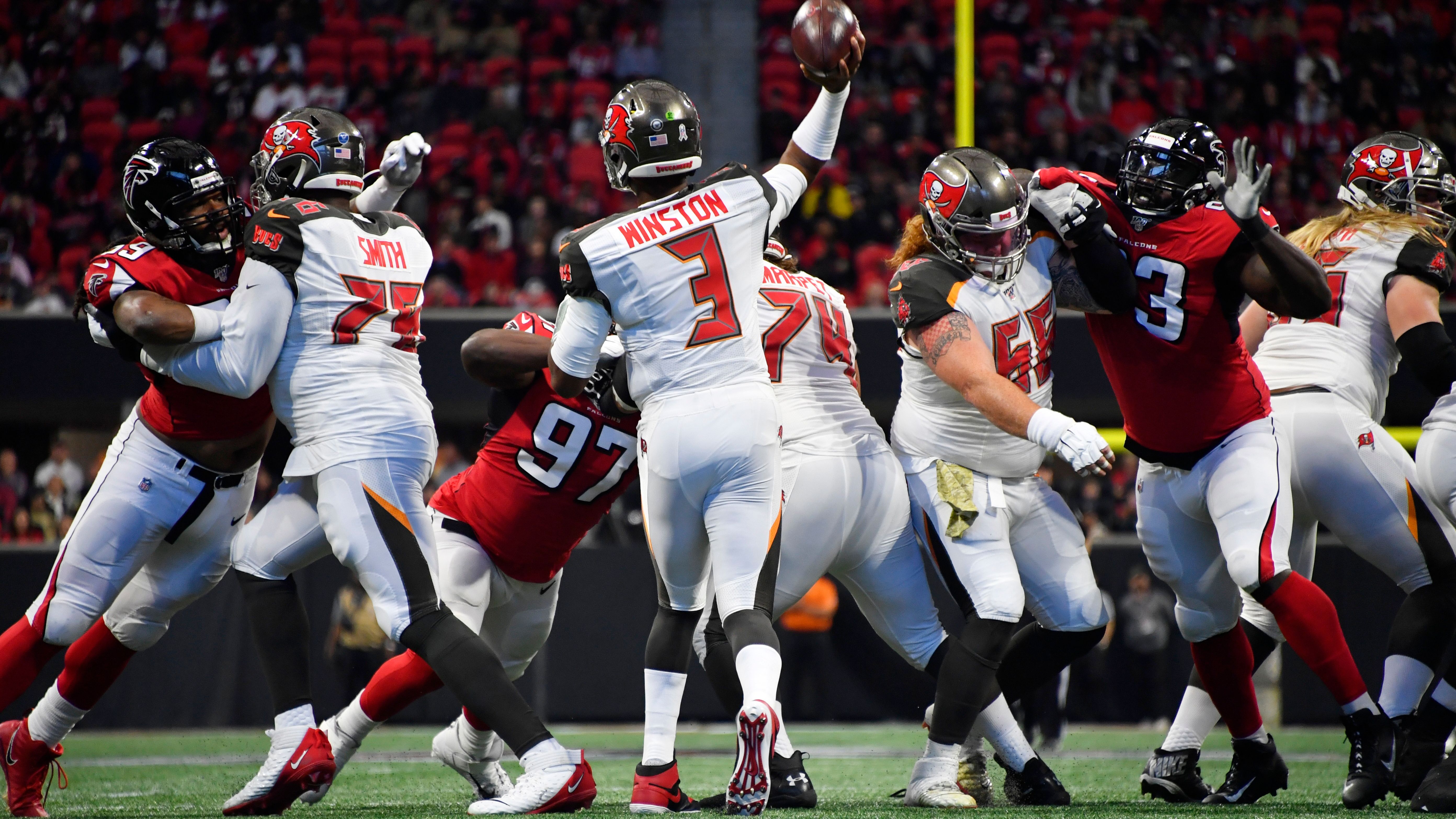 Atlanta Falcons cornerback Desmond Trufant (21) celebrates an interception  against the Tampa Bay Buccaneers during the first half of an NFL football  game, Sunday, Nov. 24, 2019, in Atlanta. (AP Photo/John Bazemore