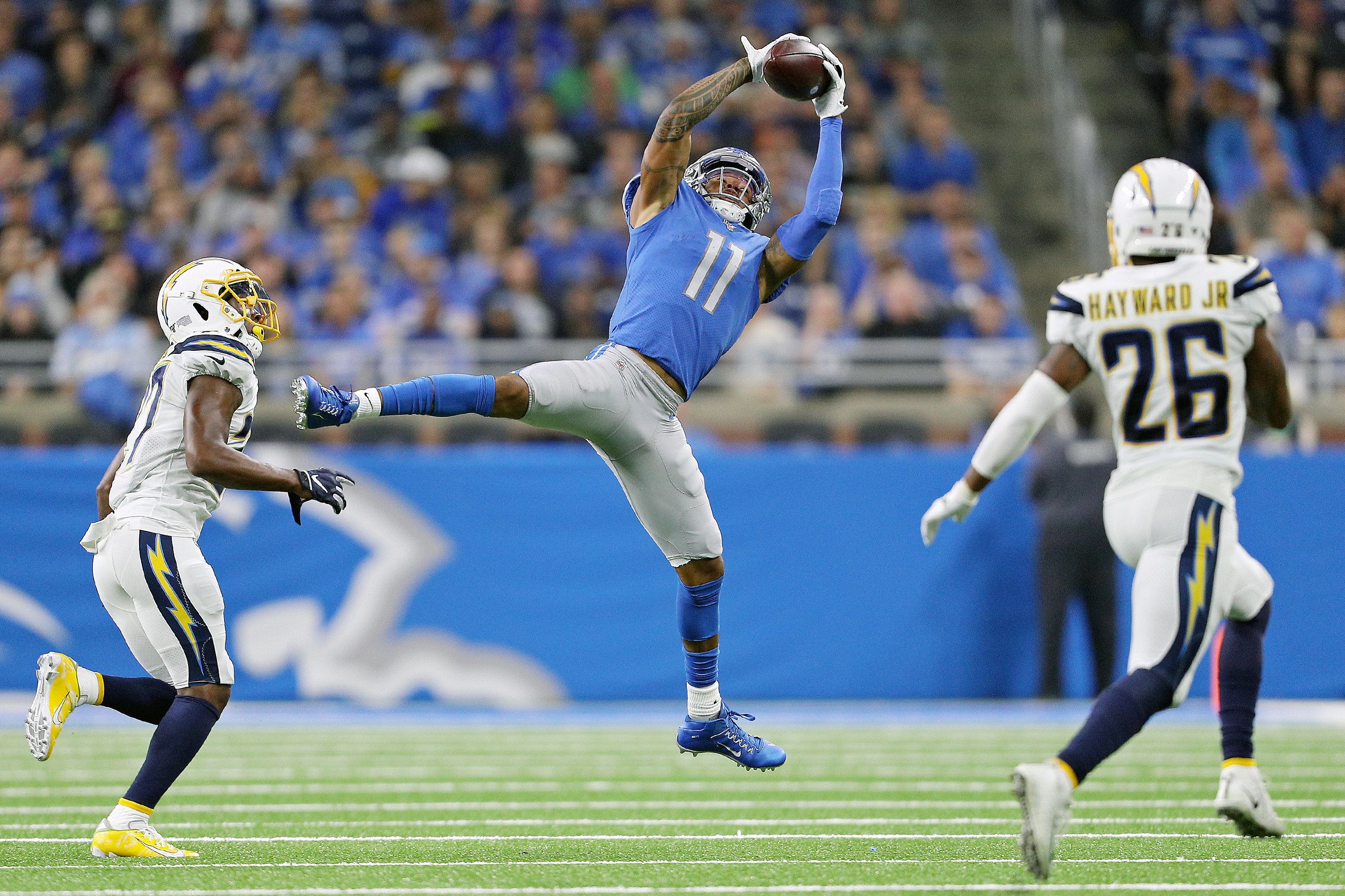 Detroit Lions offensive tackle Tyrell Crosby in action during the second  half of an NFL football game against the Dallas Cowboys, Sunday, Nov. 17,  2019, in Detroit. (AP Photo/Duane Burleson Stock Photo 