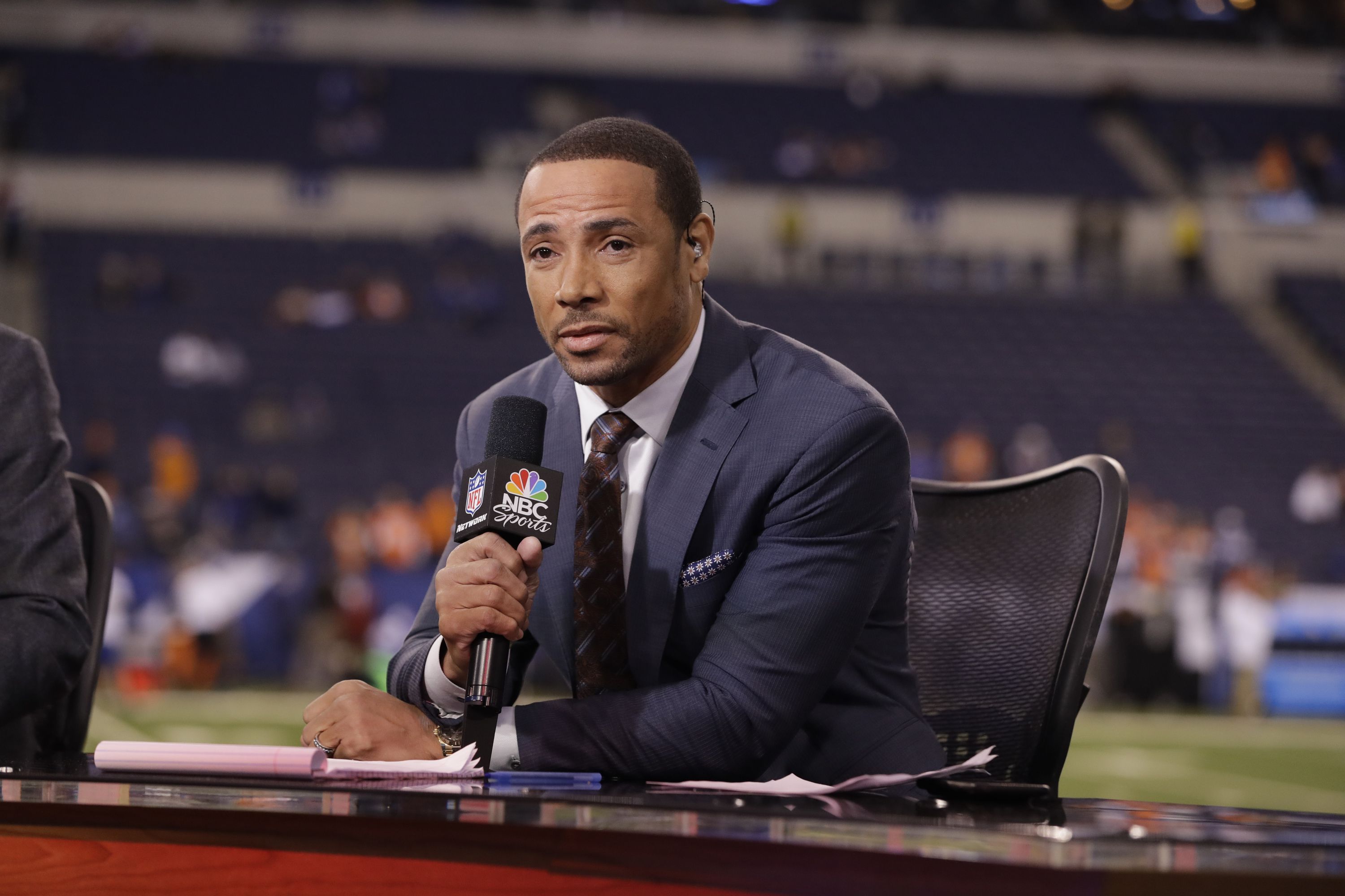 SUPER BOWL XLVI - Game - Pictured: (l-r) Bob Costas, Host, Tony Dungy,  Studio Analyst, Rodney Harrison, Studio Analyst- Photo by: Ben Cohen/NBC -  Cynopsis Media