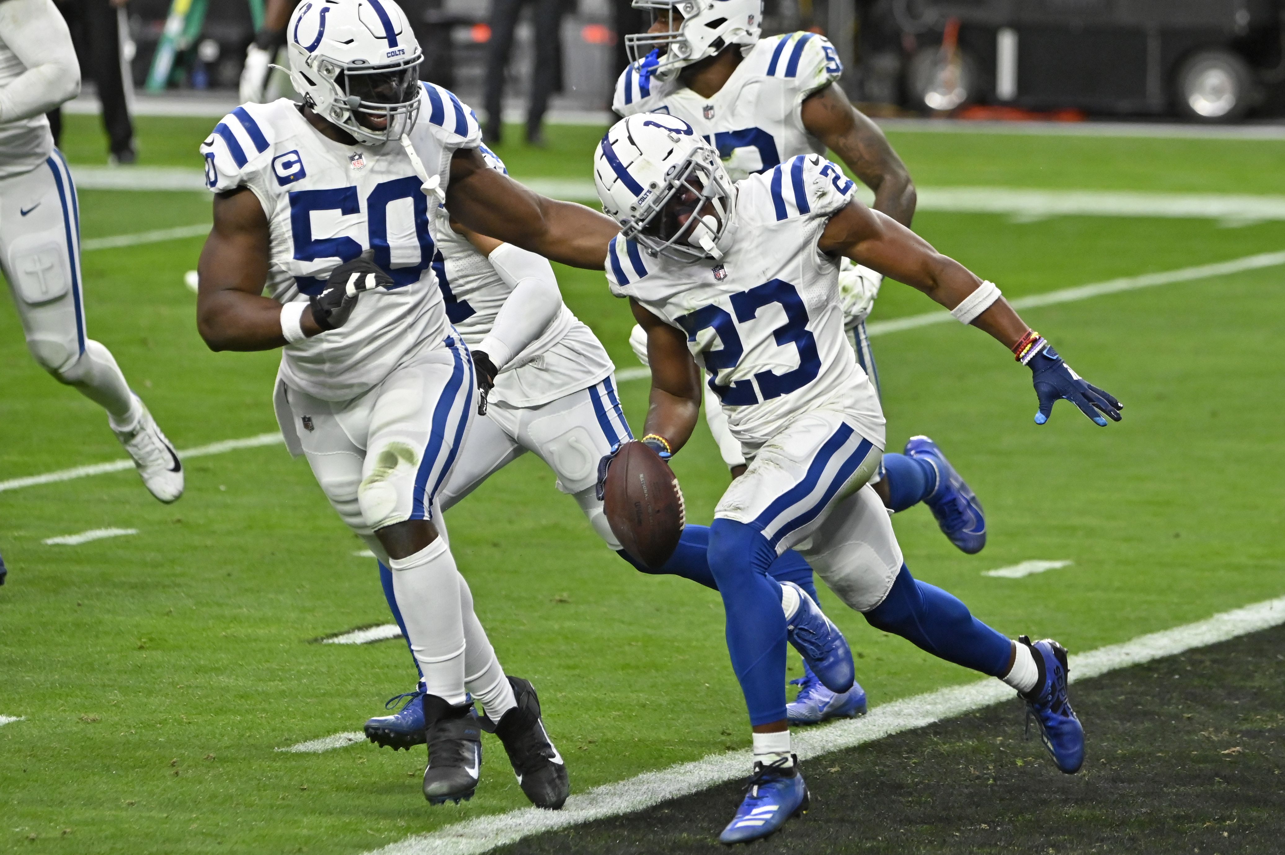 Raiders cornerback Trayvon Mullen (27) breaks up a pass intended for  Indianapolis Colts wide re …