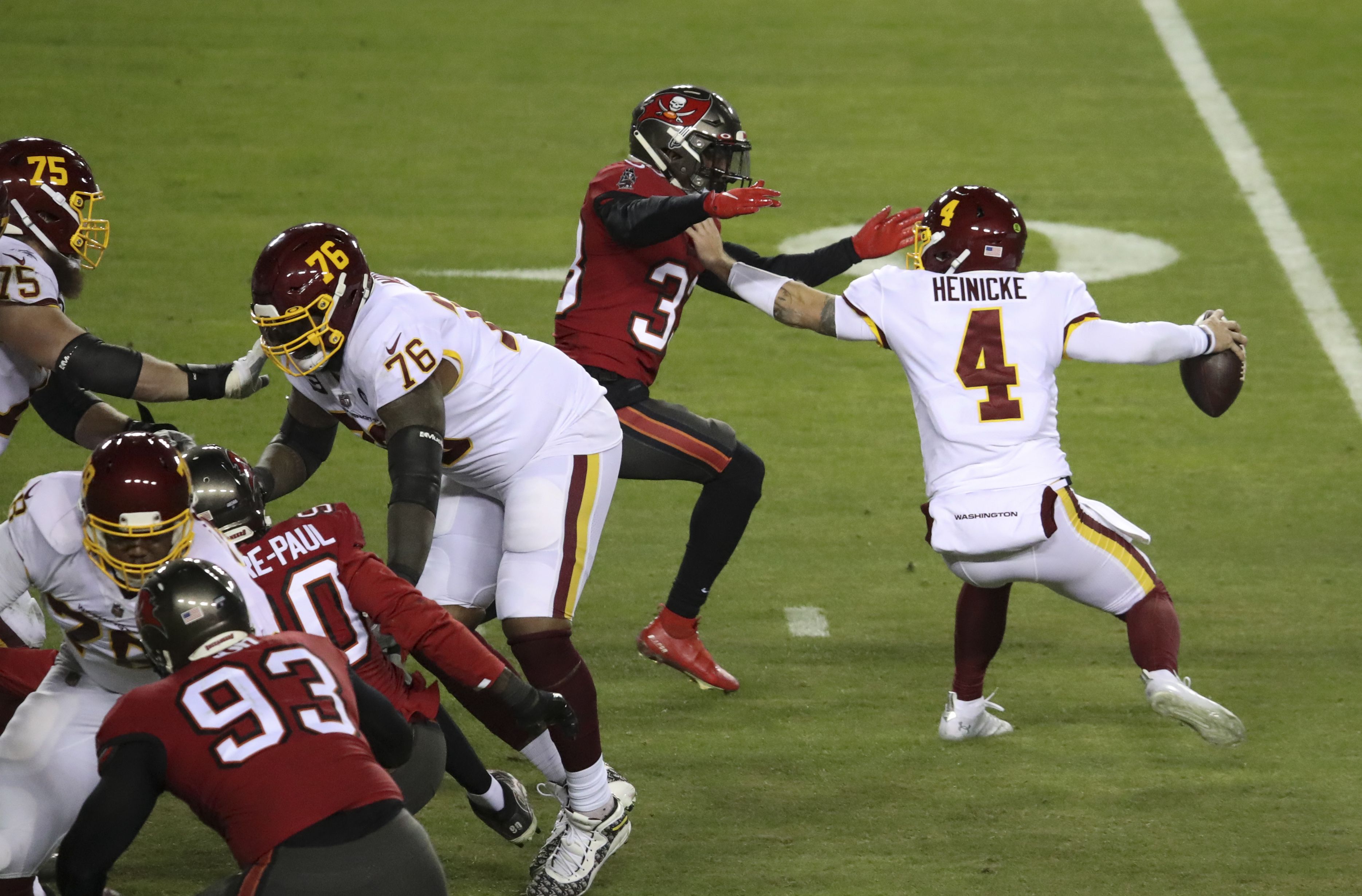 Landover, United States. 09th Jan, 2021. Washington Football Team  quarterback Taylor Heinicke (4) looks to the sidelines during the first  half of a wild card playoff game against the Tampa Bay Buccaneers