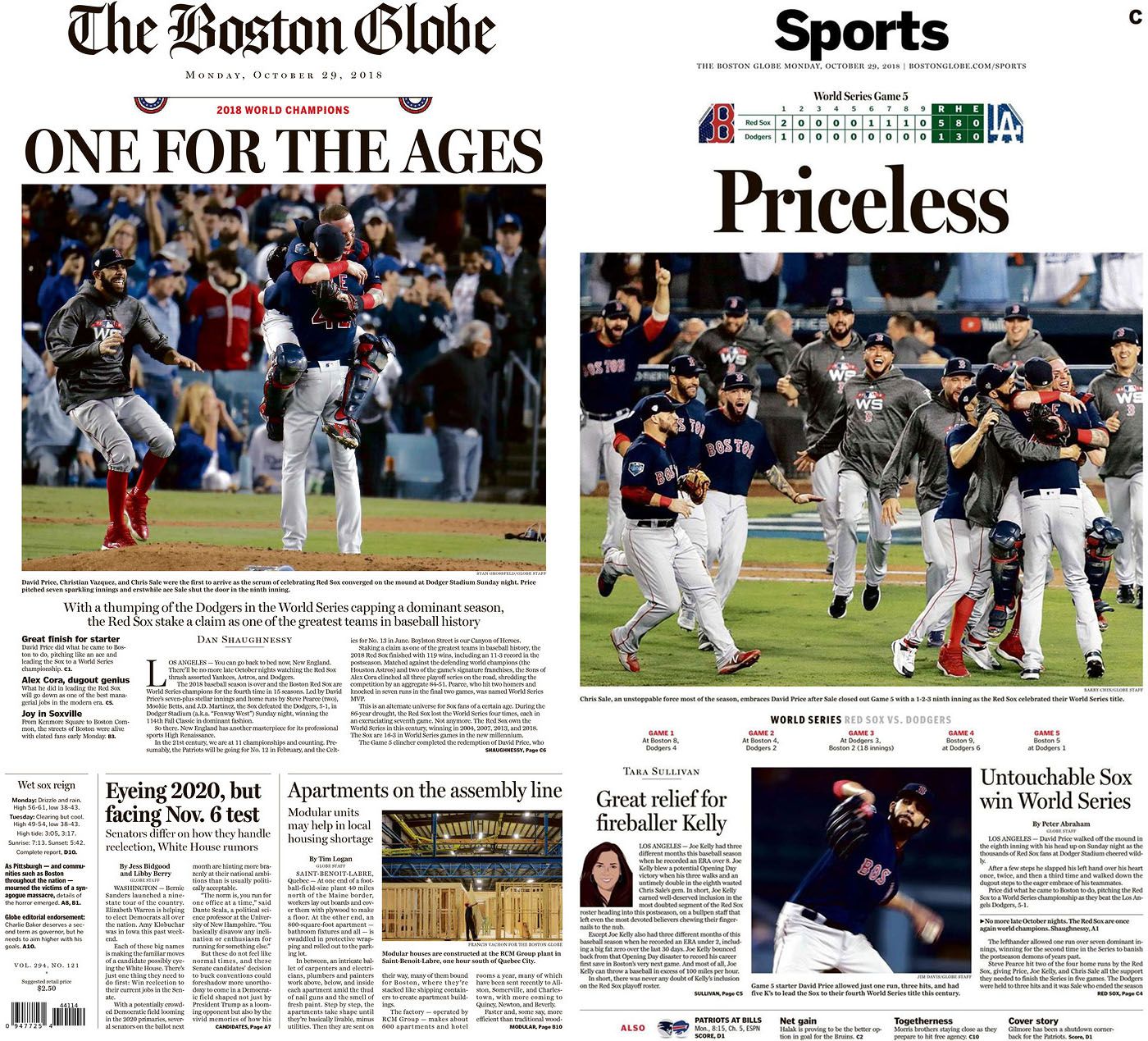 Gallery: Front pages a day after Red Sox topple Dodgers in World Series