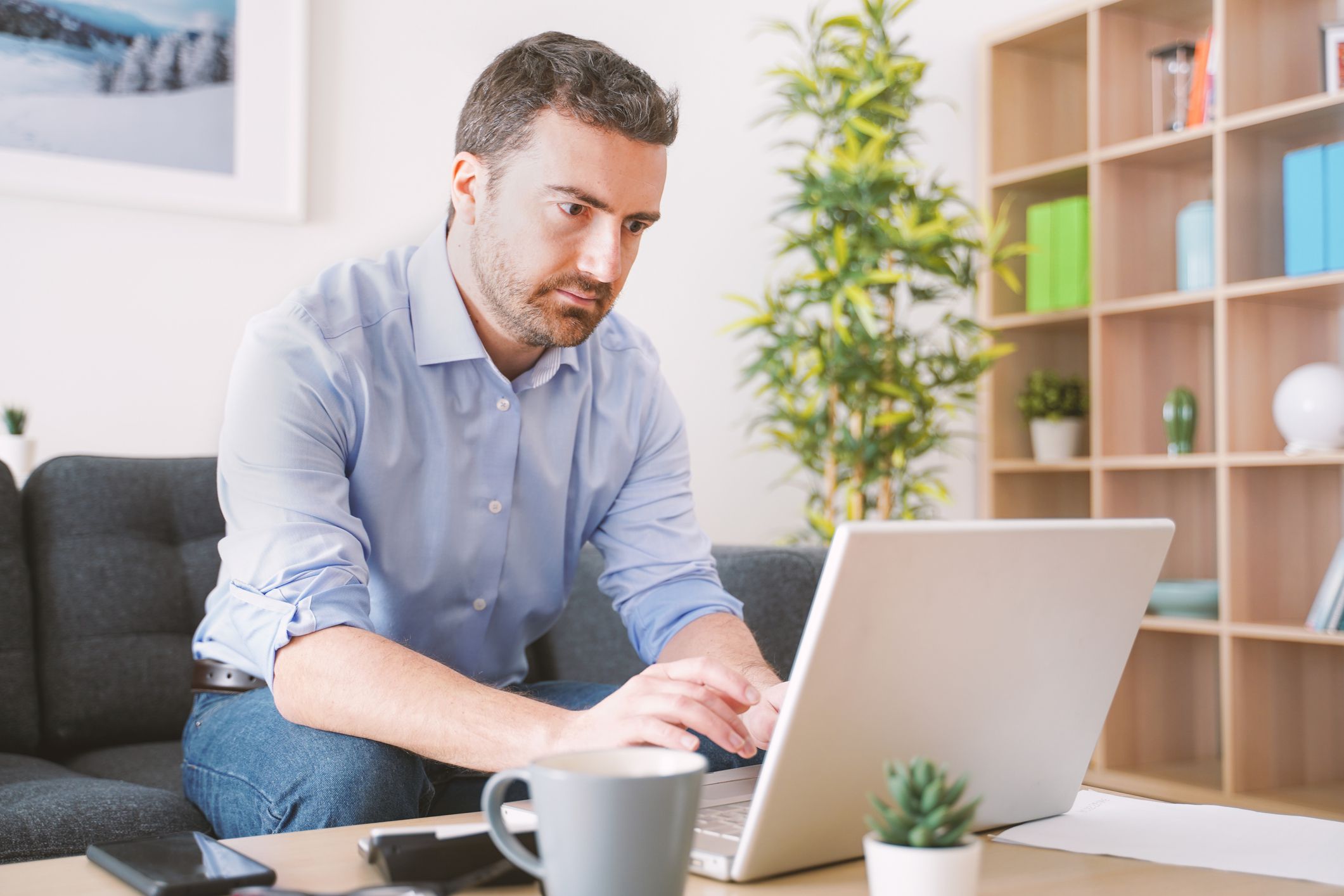 One guy working from home using internet connection