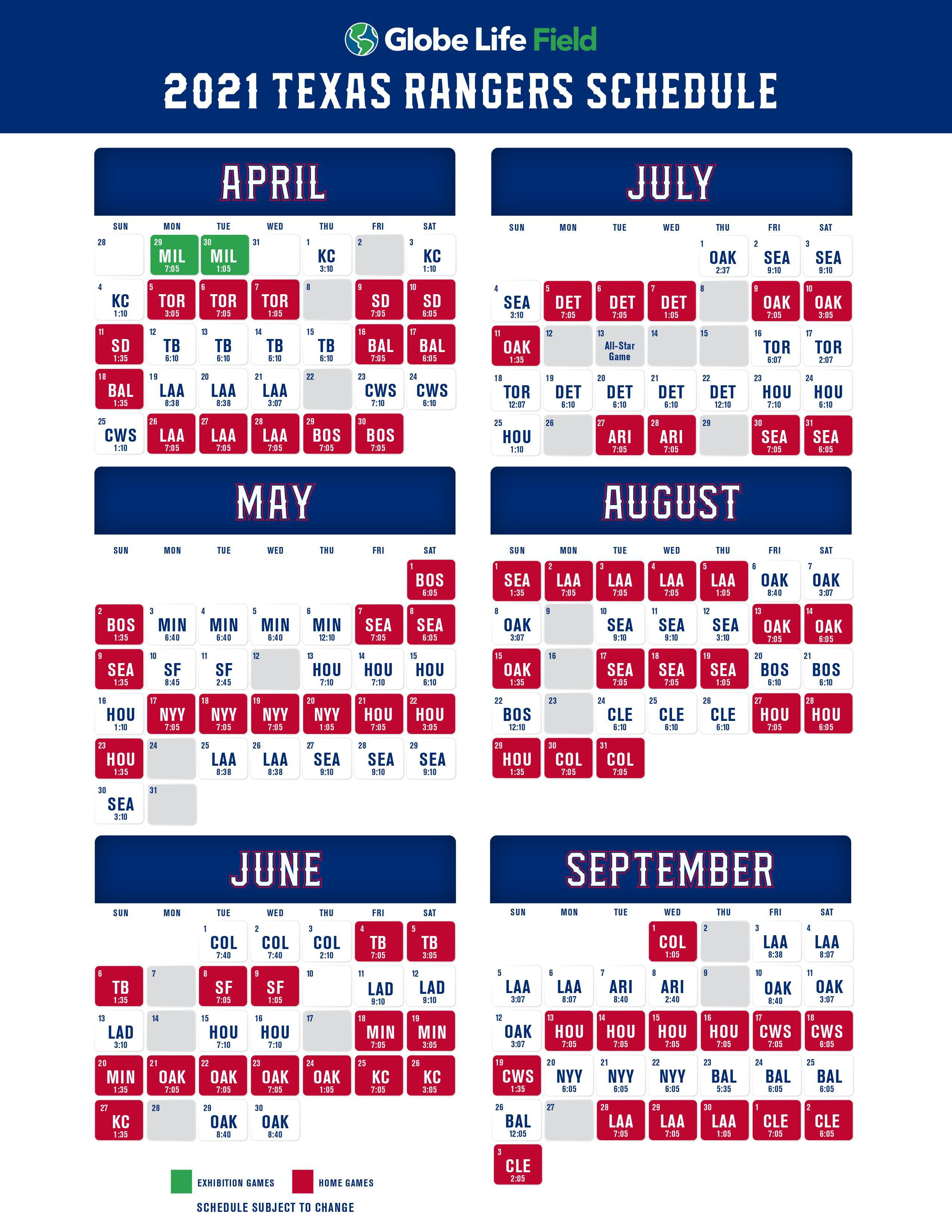 Printable 2023 Texas Rangers Schedule