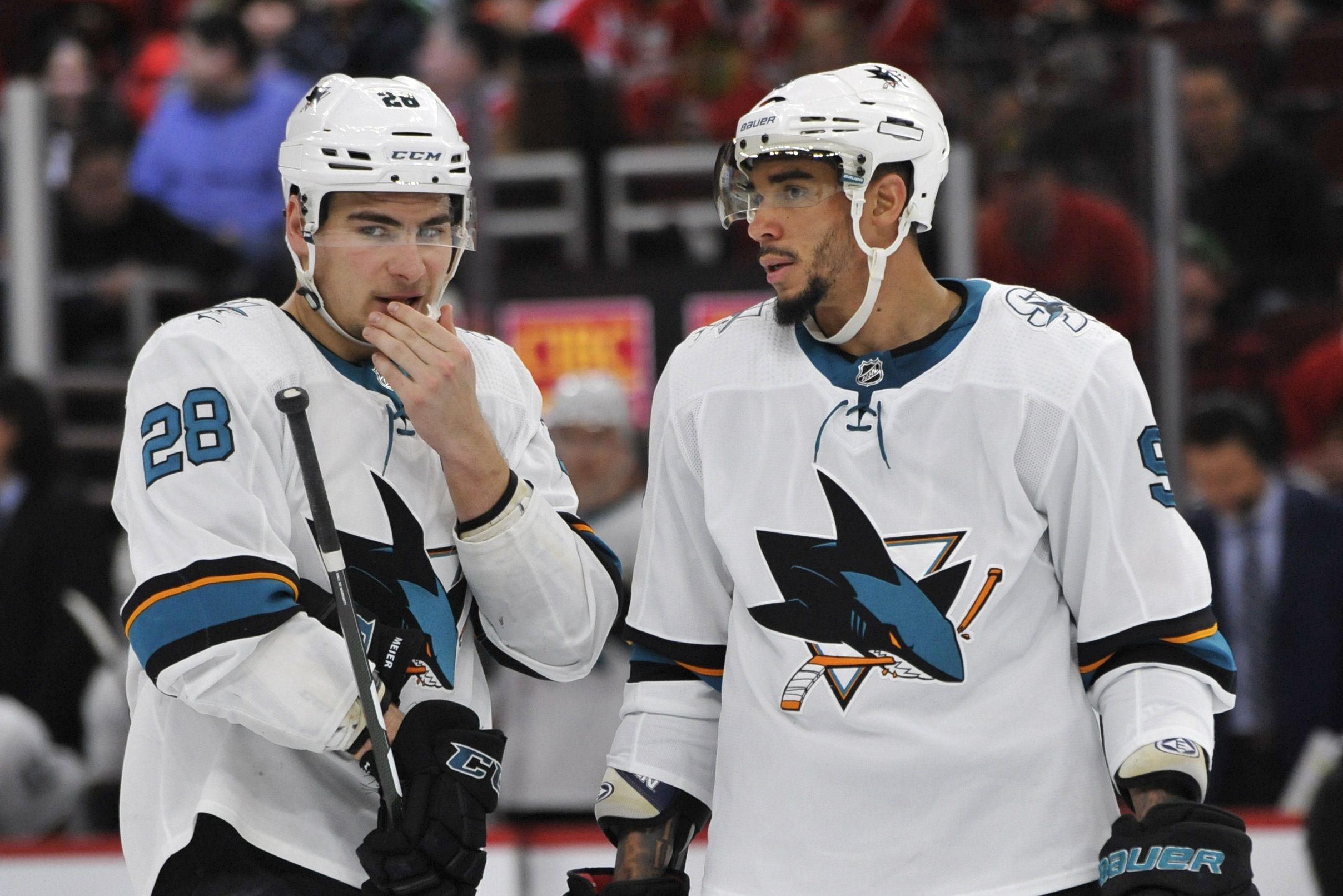 San Jose Sharks right wing Timo Meier (28) and left wing Evander Kane (9)  fight with Golden Kni …