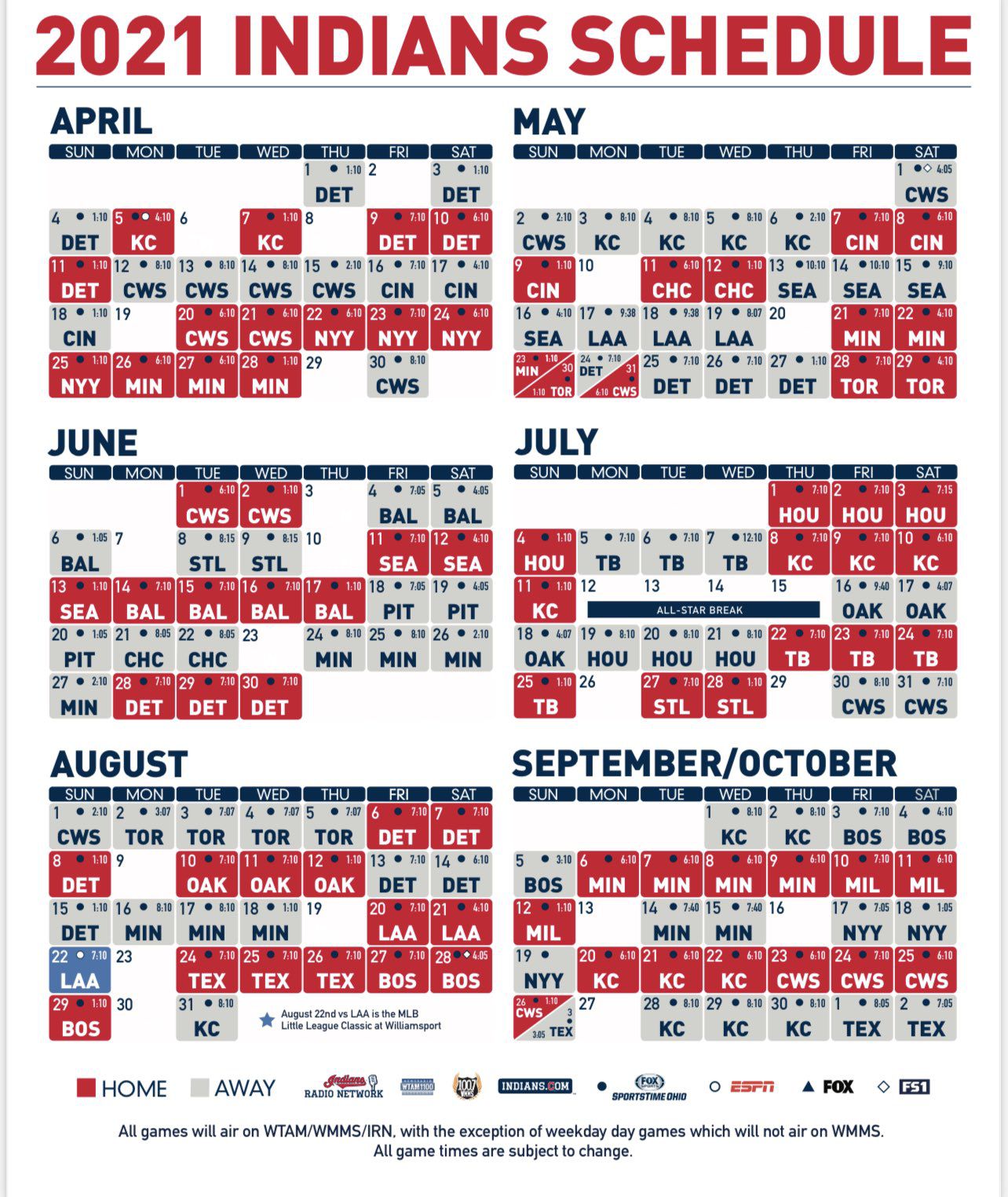 Indians 2022 Schedule Cleveland Indians 2021 Schedule Features April 5 Home Opener, Aug. 22  Matchup Vs. Angels In Williamsport, Pa. - Cleveland.com