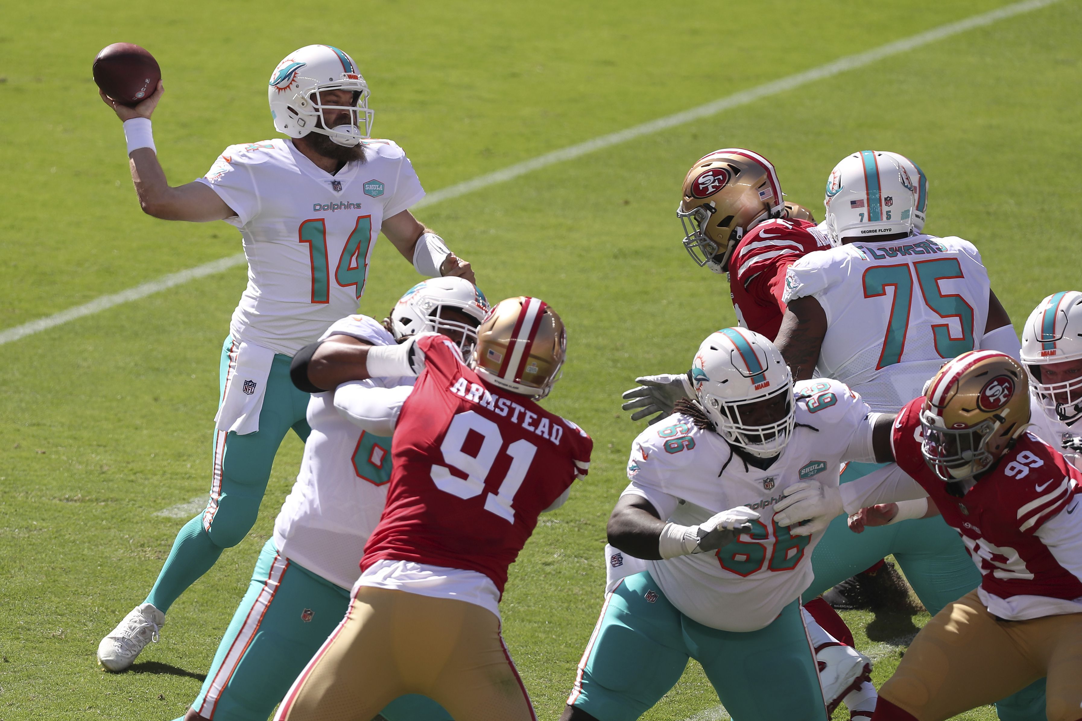 Fitzpatrick's 3 TD passes lead Dolphins past 49ers 43-17 San Francisco 49ers  Miami Dolphins rating AP Jimmy Garoppolo