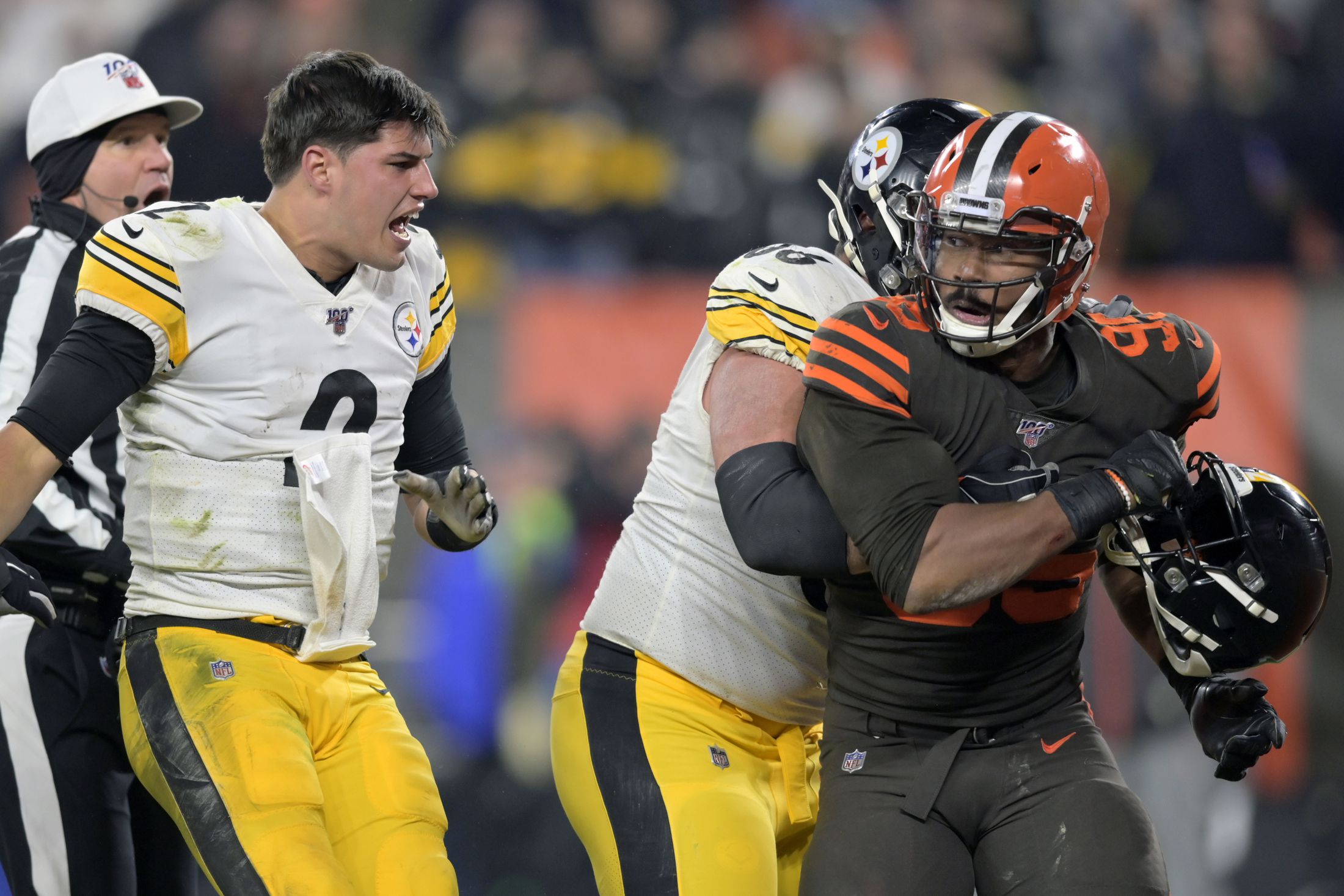 The Cleveland Browns Myles Garrett leaves an office building in New York,  Wednesday, Nov. 20, 2019. The Browns star defensive end is asking the NFL  to decrease his indefinite suspension. Garrett was