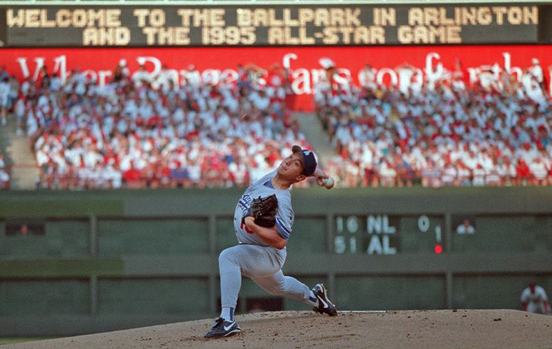 Hideo Nomo of the Los Angeles Dodgers during a 1995 season game at