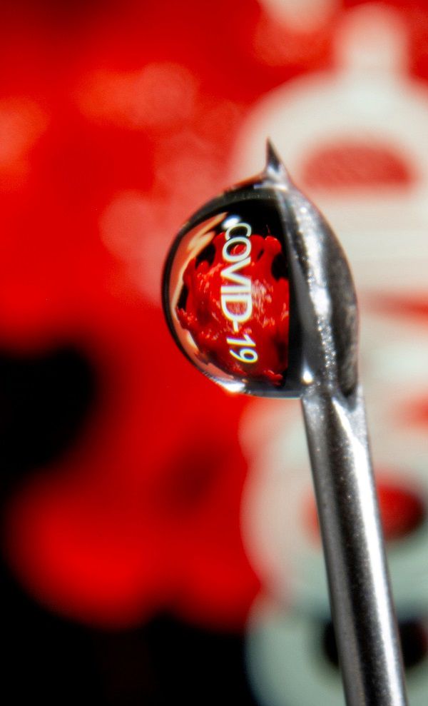 FILE PHOTO: The word "COVID-19" is reflected in a drop on a syringe needle in this illustration