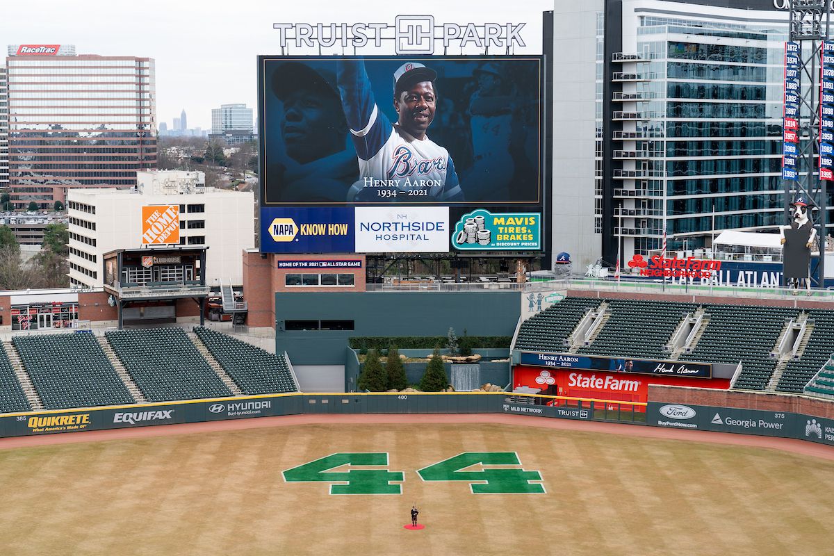 ATLANTA, GA - JANUARY 24: The center field scoreboard at Truist Park  memorializes the late Hank Aaron on January 24, 2021 in Atlanta, Georgia.  Aaron, a long time Brave, passed away on