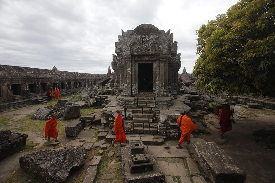 Buddhist monks visit the Preah Vihear temple on the border between Thailand and Cambodia