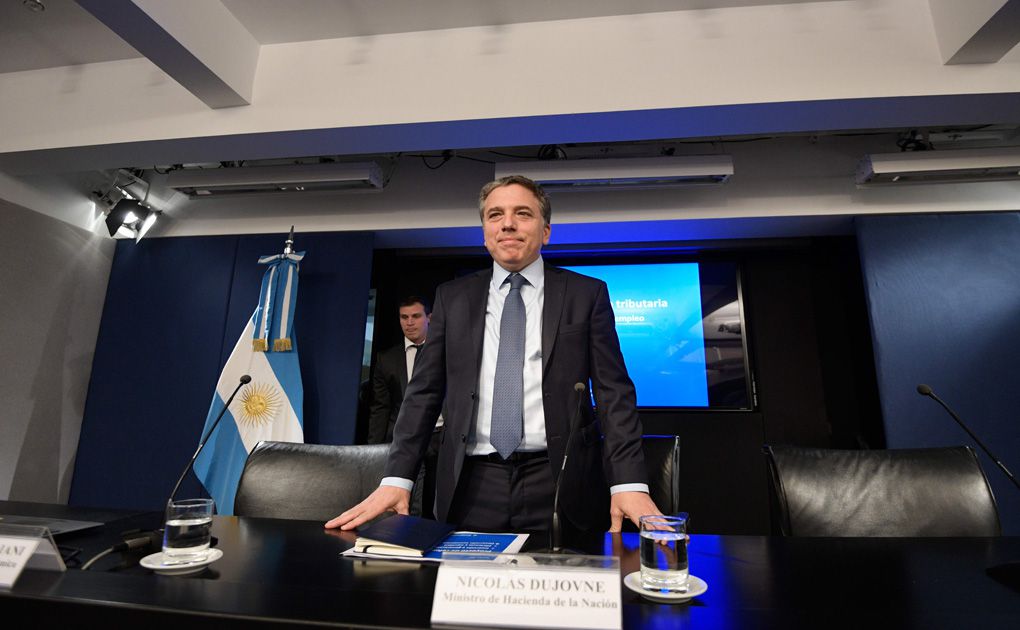 Argentina's Economy Minister Nicolas Dujovne offers a press conferenc