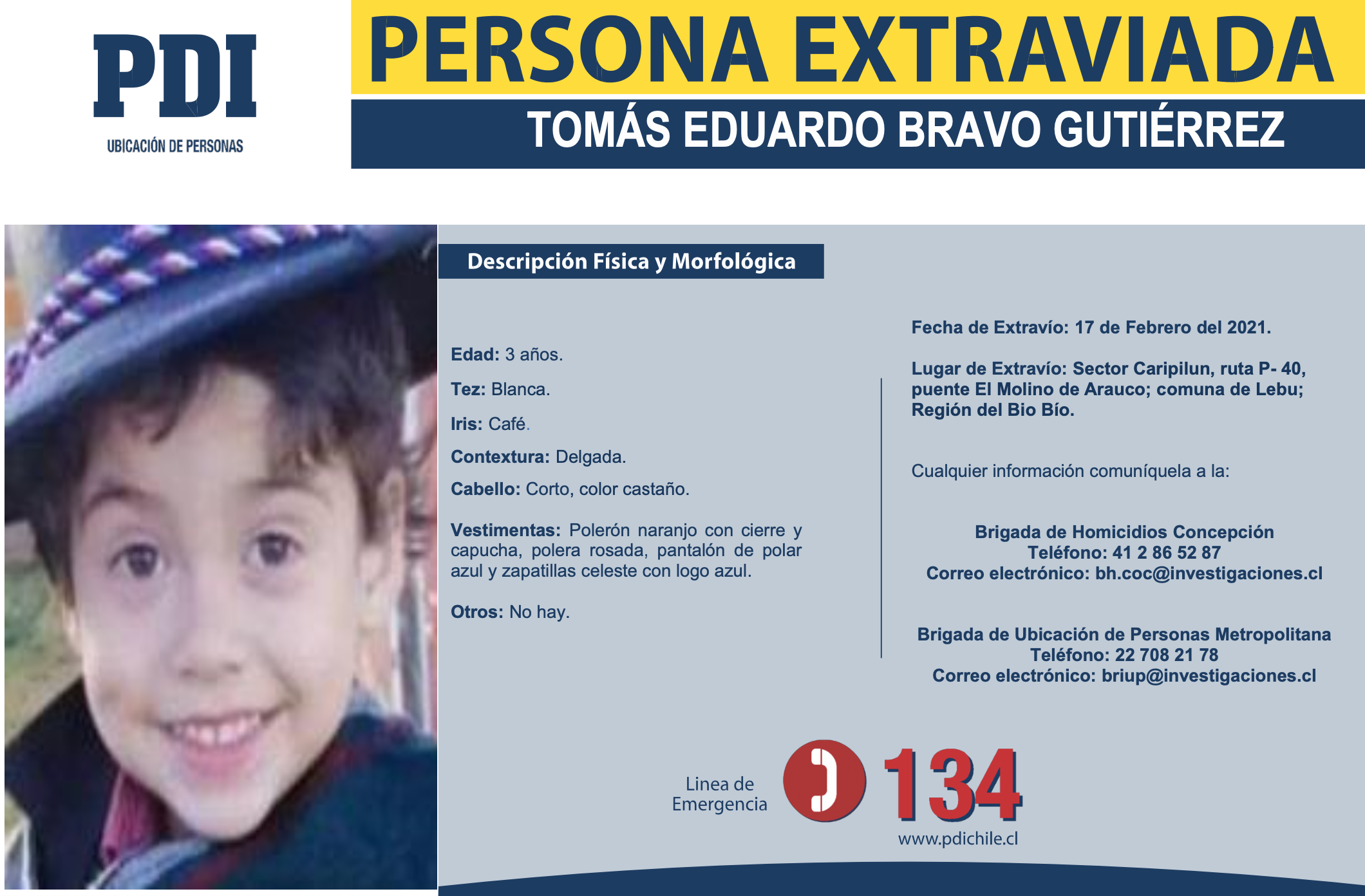 Tomás Bravo, menor extraviado en Lebú