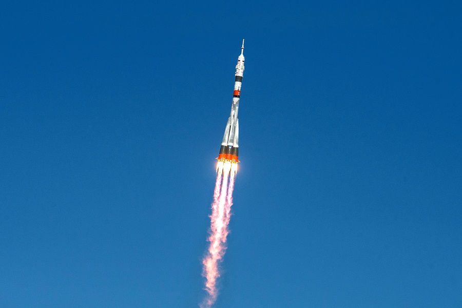 Soyuz MS-17 spacecraft carrying ISS crew blasts off from the launchpad at the Baikonur Cosmodrome