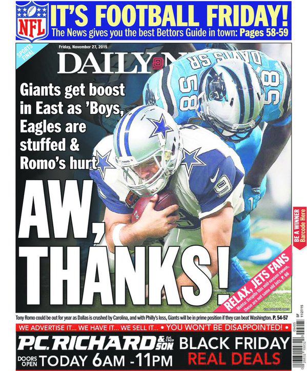 New York paper cover with Romo injury photo calls it a 'boost' for