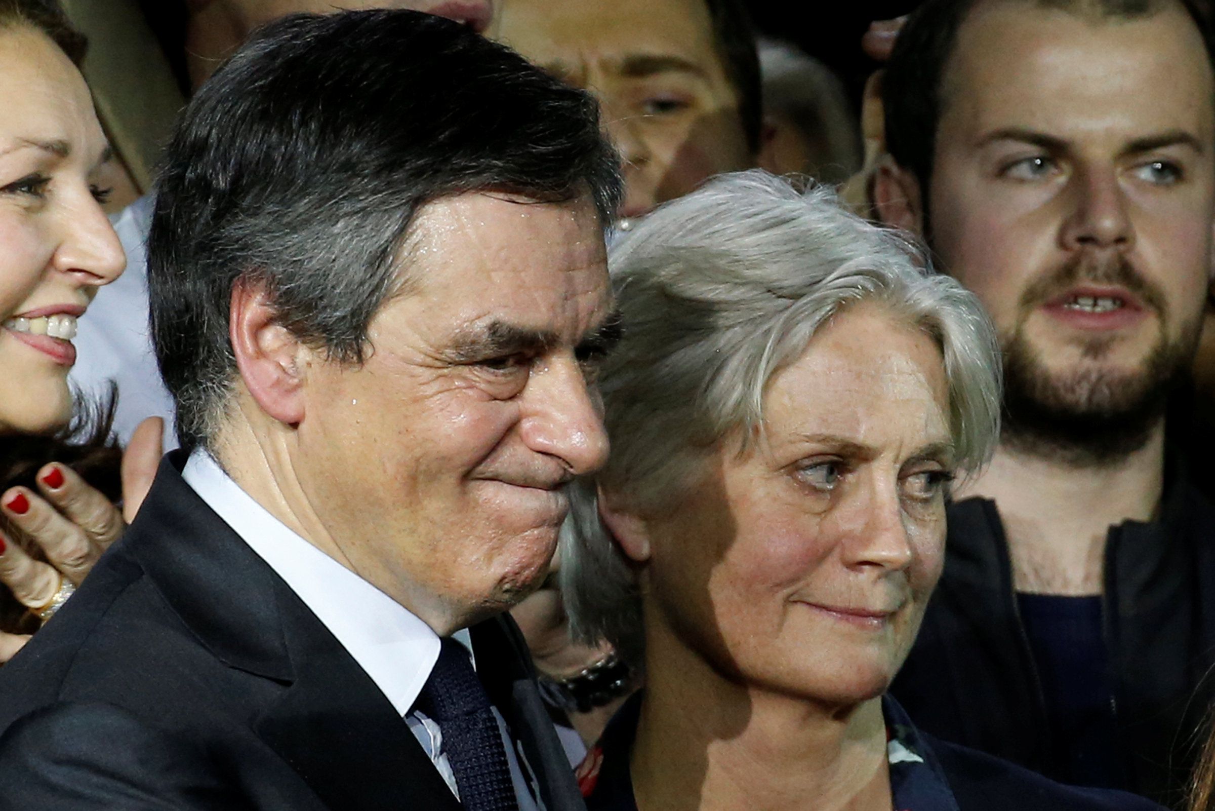 Francois Fillon, member of Les Republicains political party and 2017 presidential candidate of the French centre-right, and his wife Penelope attend a political rally in Paris