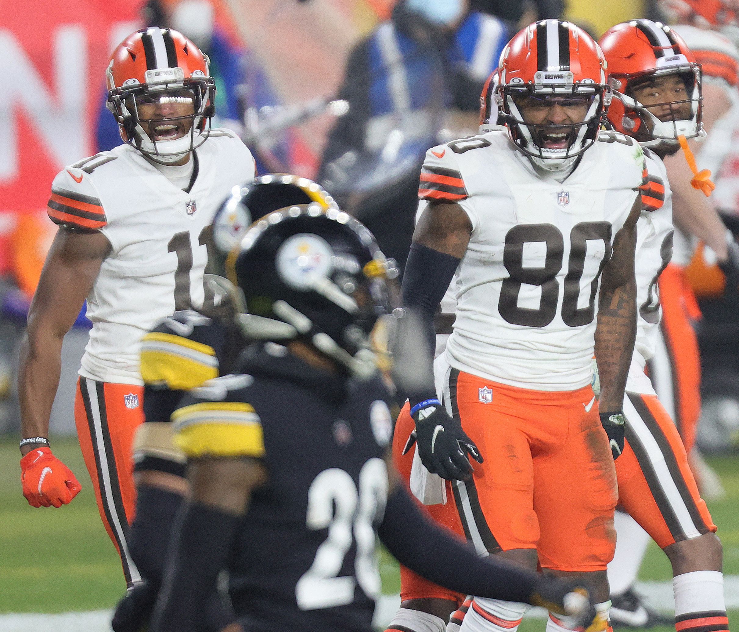 Cleveland Browns quarterback Baker Mayfield (6) celebrates after defeating  the Pittsburgh Steelers in an NFL wild-card playoff football game, late  Sunday, Jan. 10, 2021, in Pittsburgh. (AP Photo/Keith Srakocic Stock Photo  - Alamy