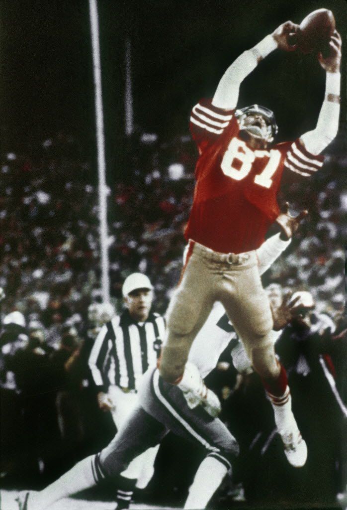 San Francisco 49ers great Joe Montana introduces Dwight Clark on Dwight  Clark Day at halftime of the game against the Dallas Cowboys at Levi's  Stadium in Santa Clara, California on October 22