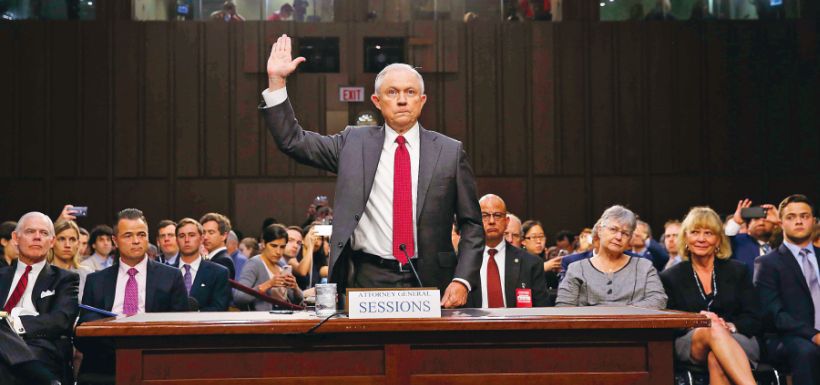 U.S. Attorney General Sessions is sworn in before a Senate Intelligence Committee hearing on Capitol Hill in Washington