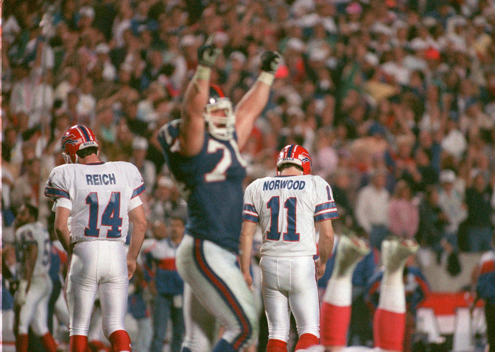 Buffalo Bills kicker Scott Norwood (11) walks off the field after