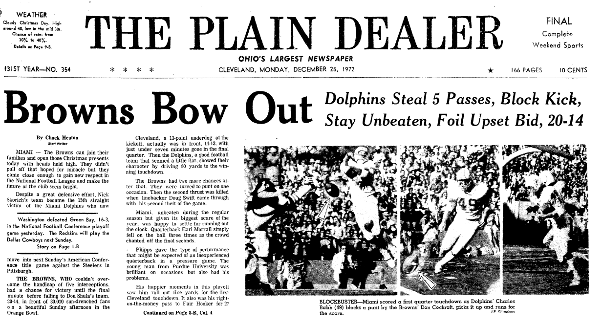 When Browns came just short of ending Miami Dolphins' undefeated 1972 season:  Browns Flashback 