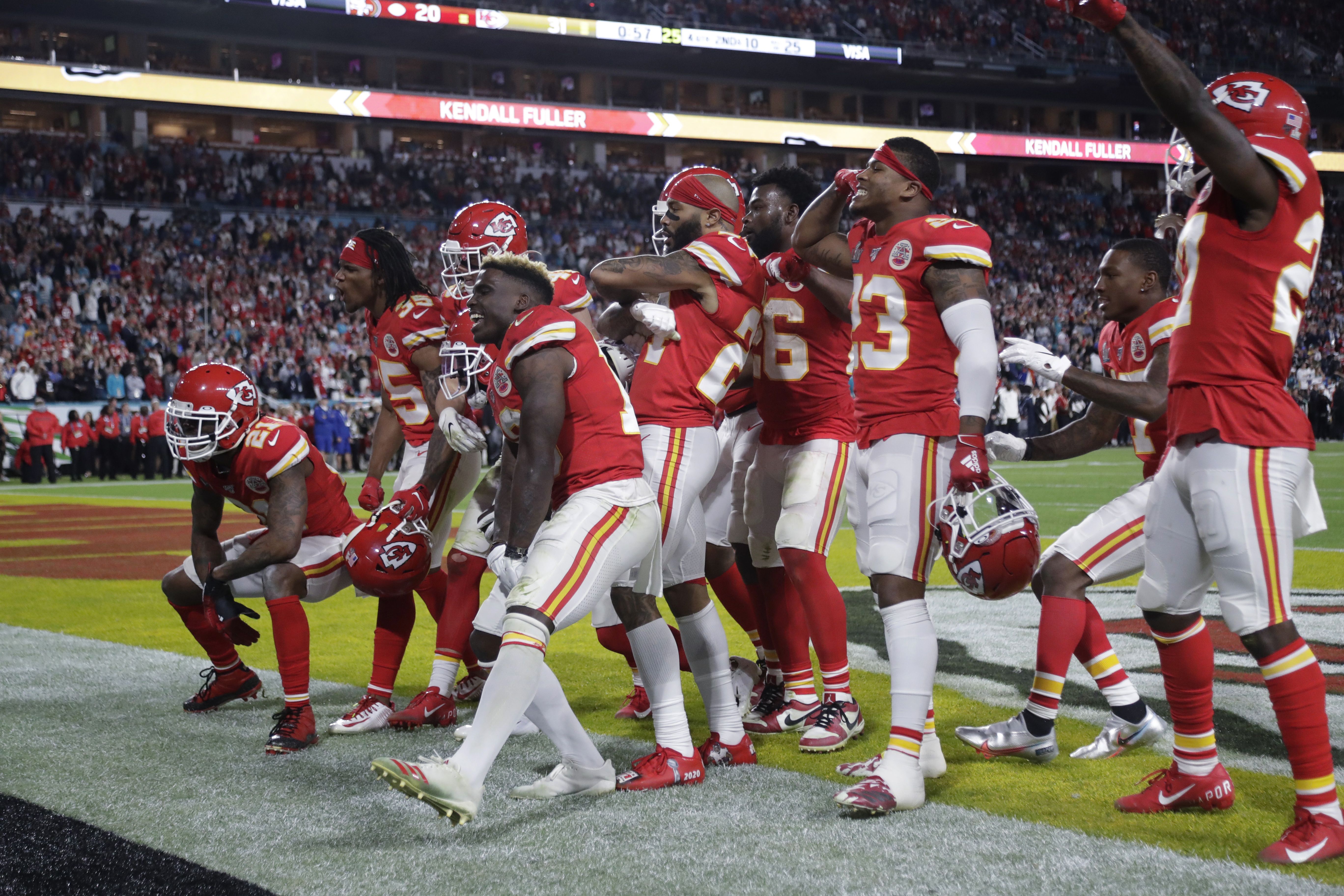 Kansas City Chiefs strong safety Tyrann Mathieu (32) runs off the field at  halftime of the NFL Super Bowl 54 football game between the San Francisco  49ers and Kansas City Chiefs Sunday