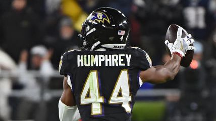 Baltimore Ravens' Marlon Humphrey (44) scores a touchdown on a New England  Patriots fumble in the second half on Sunday, Nov. 3, 2019 at M&T Bank  Stadium in Baltimore, Md. (Photo by