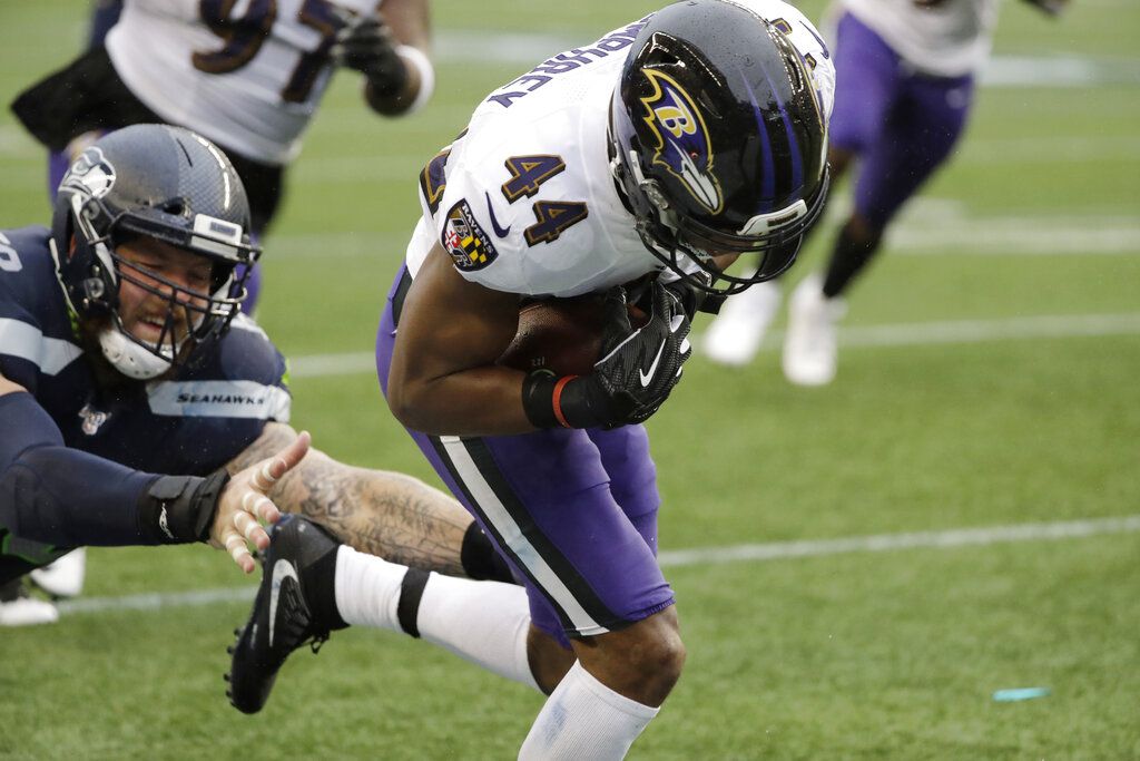 Baltimore Ravens' Marlon Humphrey (44) scores a touchdown on a New England  Patriots fumble in the second half on Sunday, Nov. 3, 2019 at M&T Bank  Stadium in Baltimore, Md. (Photo by