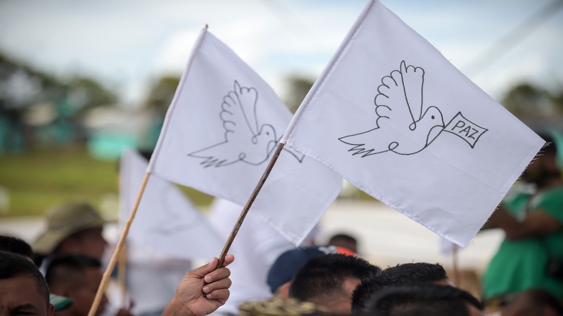 FARC rebels wave peace flags during the final act of abandonment of a