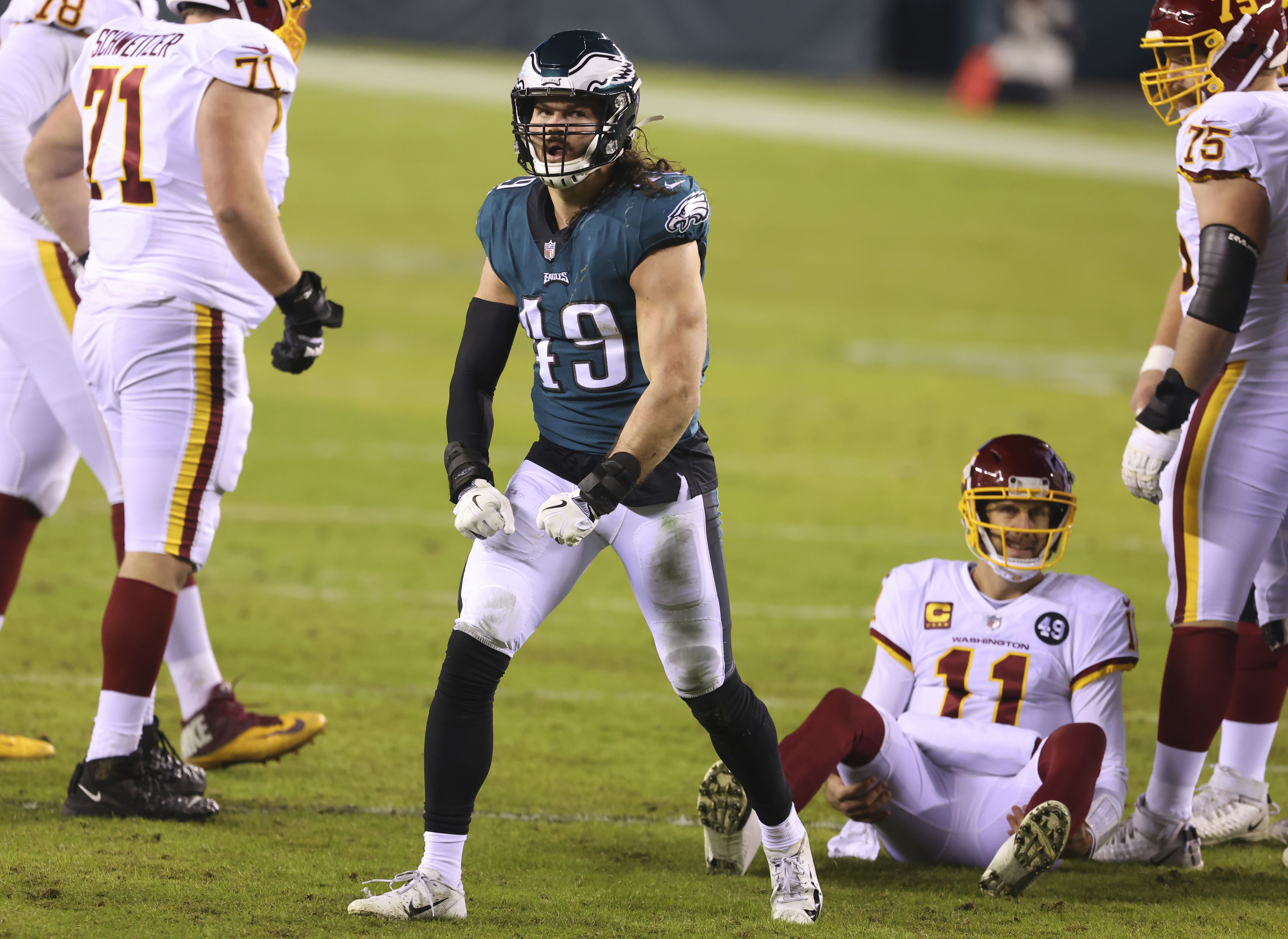 Philadelphia Eagles outside linebacker Alex Singleton (49) walks