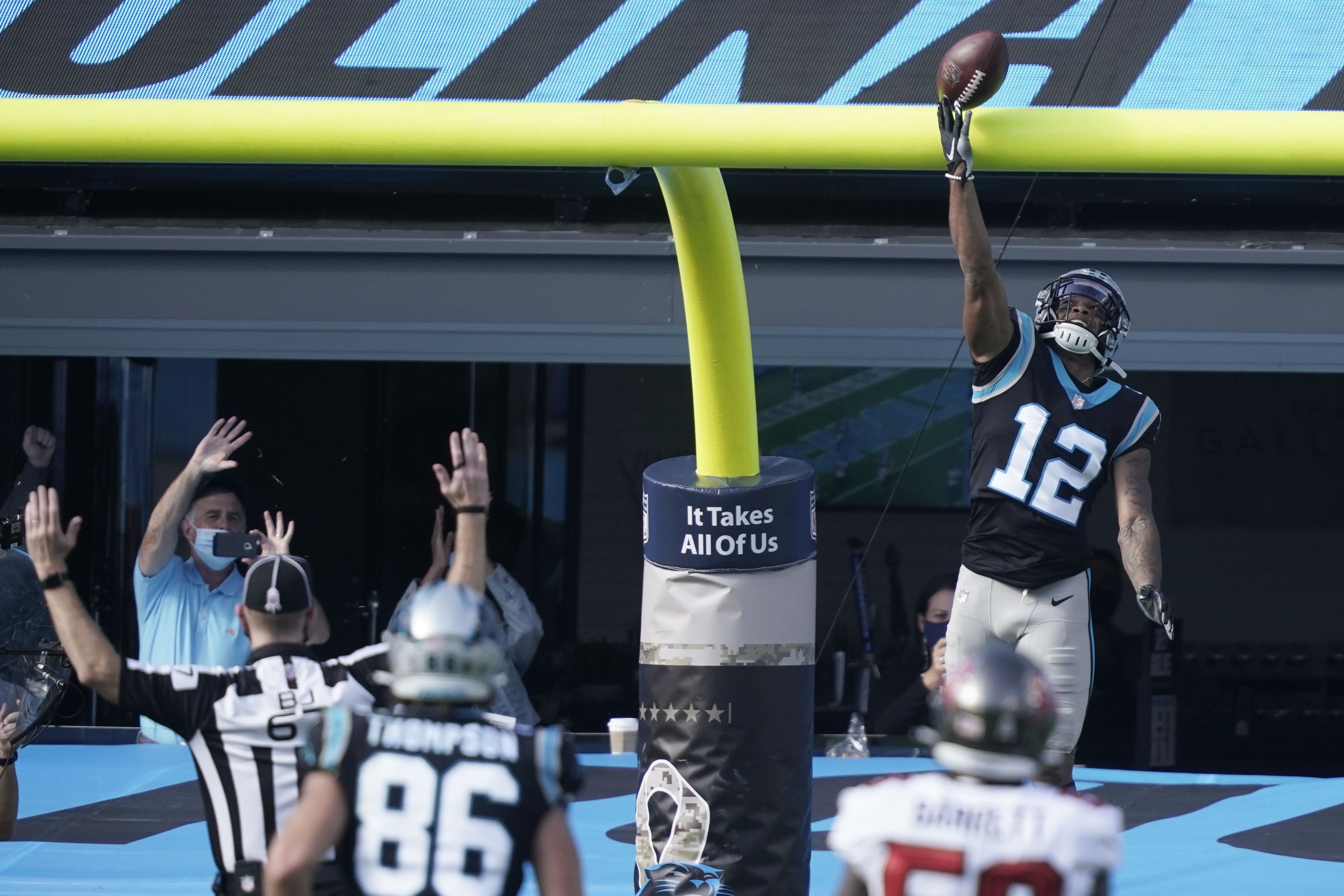 Carolina Panthers linebacker Shaq Thompson (7) reacts after making a play  on defense during an NFL football game against the Atlanta Falcons,  Thursday, Nov. 10 2022, in Charlotte, N.C. (AP Photo/Brian Westerholt