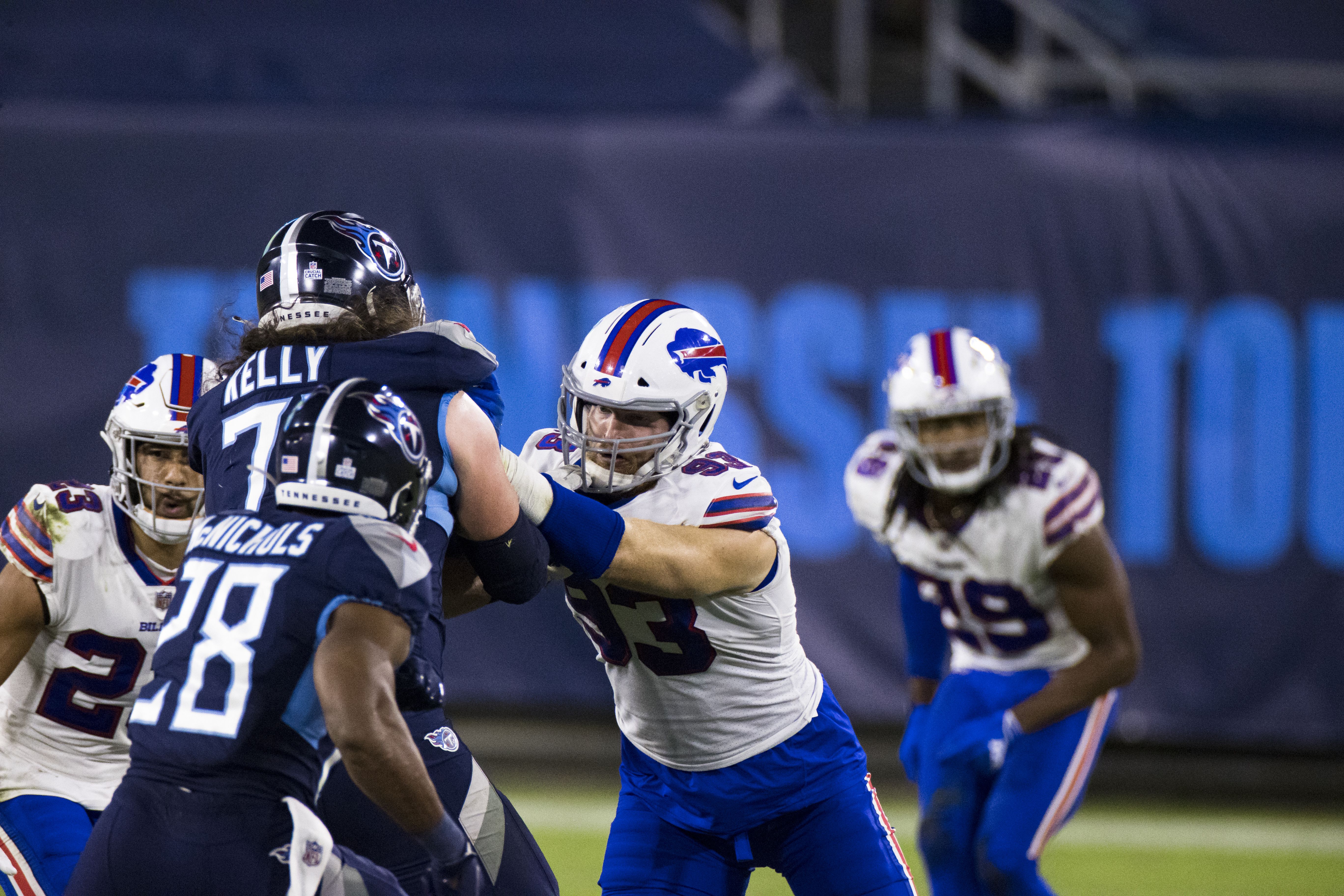 Buffalo Bills defensive end Trent Murphy (93) pushes against Tennessee  Titans offensive tackle Dennis Kelly (71) during the first half of an NFL  football game, Tuesday, Oct. 13, 2020, in Nashville, Tenn. (