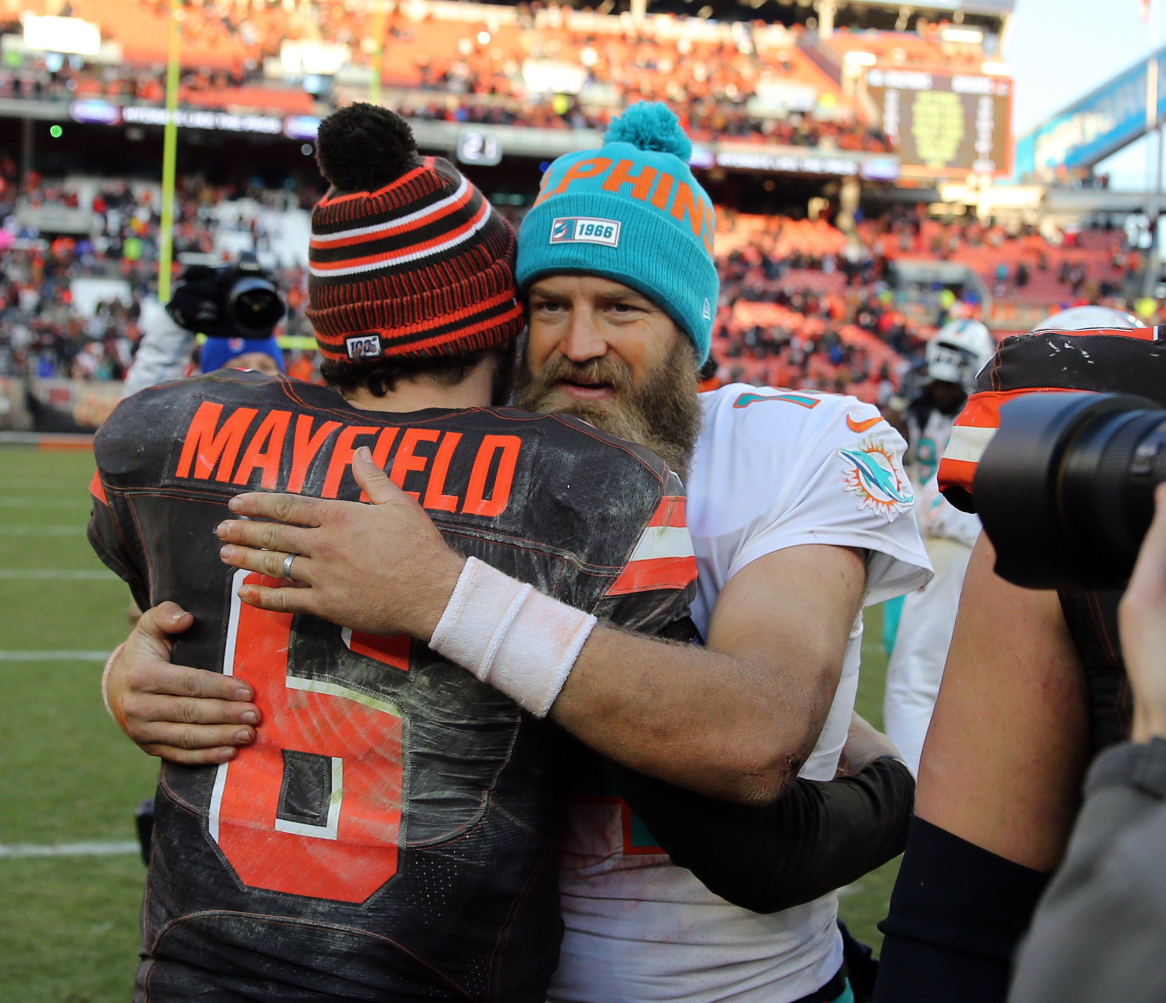 Miami Dolphins quarterback Ryan Fitzpatrick (14) looks to throw a pass  against the Cleveland Browns during an NFL football game, Sunday, Nov. 24,  2019, in Cleveland. The Browns won the game 41-24. (