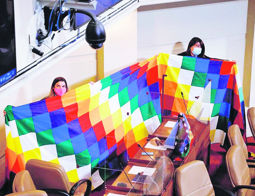 Diputadas en la sala de la Cámara con una bandera de los pueblos originarios.