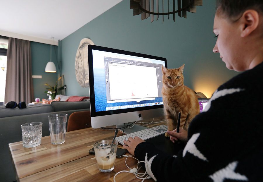 A woman works in a house amid the coronavirus disease (COVID-19) outbreak in Sassenheim