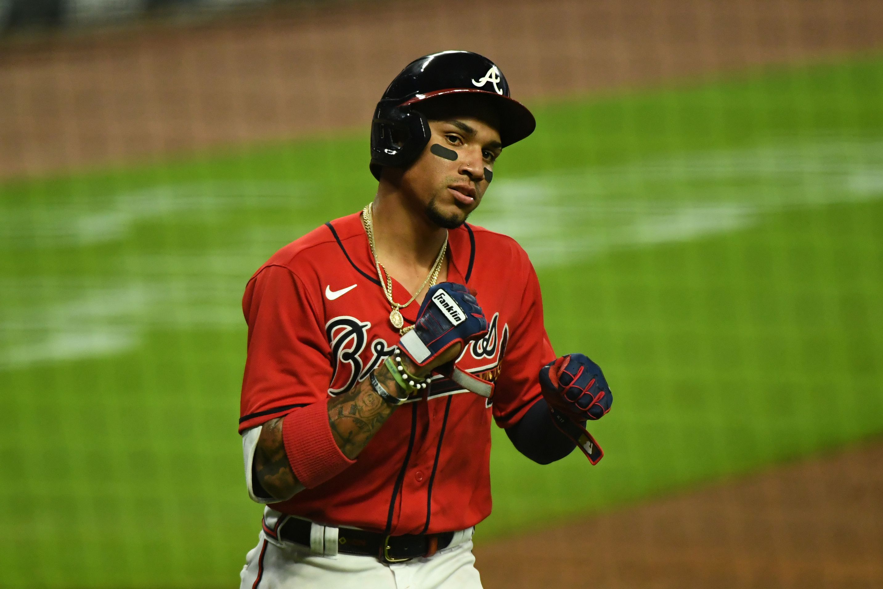 ATLANTA, GA – APRIL 26: Atlanta Braves second baseman Ozzie Albies (1)  catches a line drive in front of teammate Johan Camargo (17) during the  game between the Atlanta Braves and the