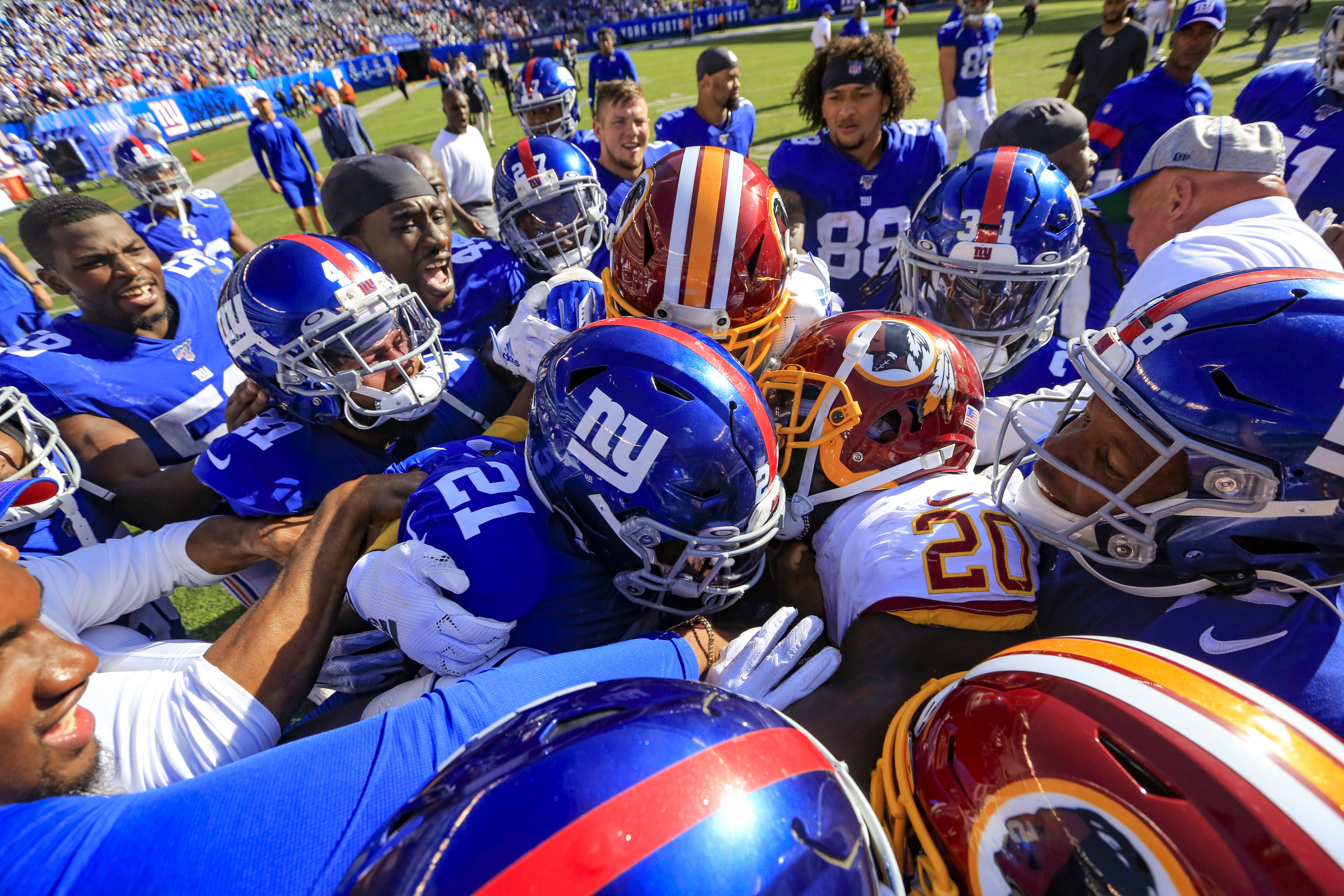 Landover, Maryland, USA. November 8, 2020:New York Giants strong safety  Jabrill Peppers (21) celebrates the fumble recover during the NFL Game  between the New York Giants and Washington Football Team at FedEx