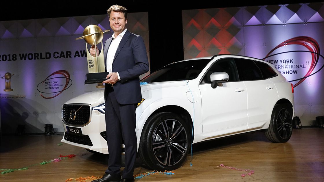 Volvo's Gustafsson accepts award for  at the New York Auto Show in New York