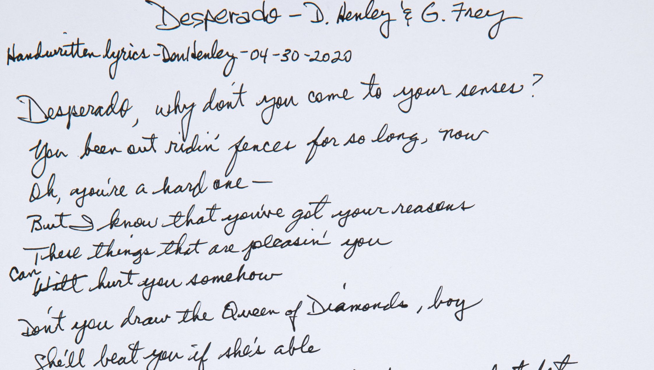 Don Henley Handwritten Desperado Lyrics. Miscellaneous, Lot #40