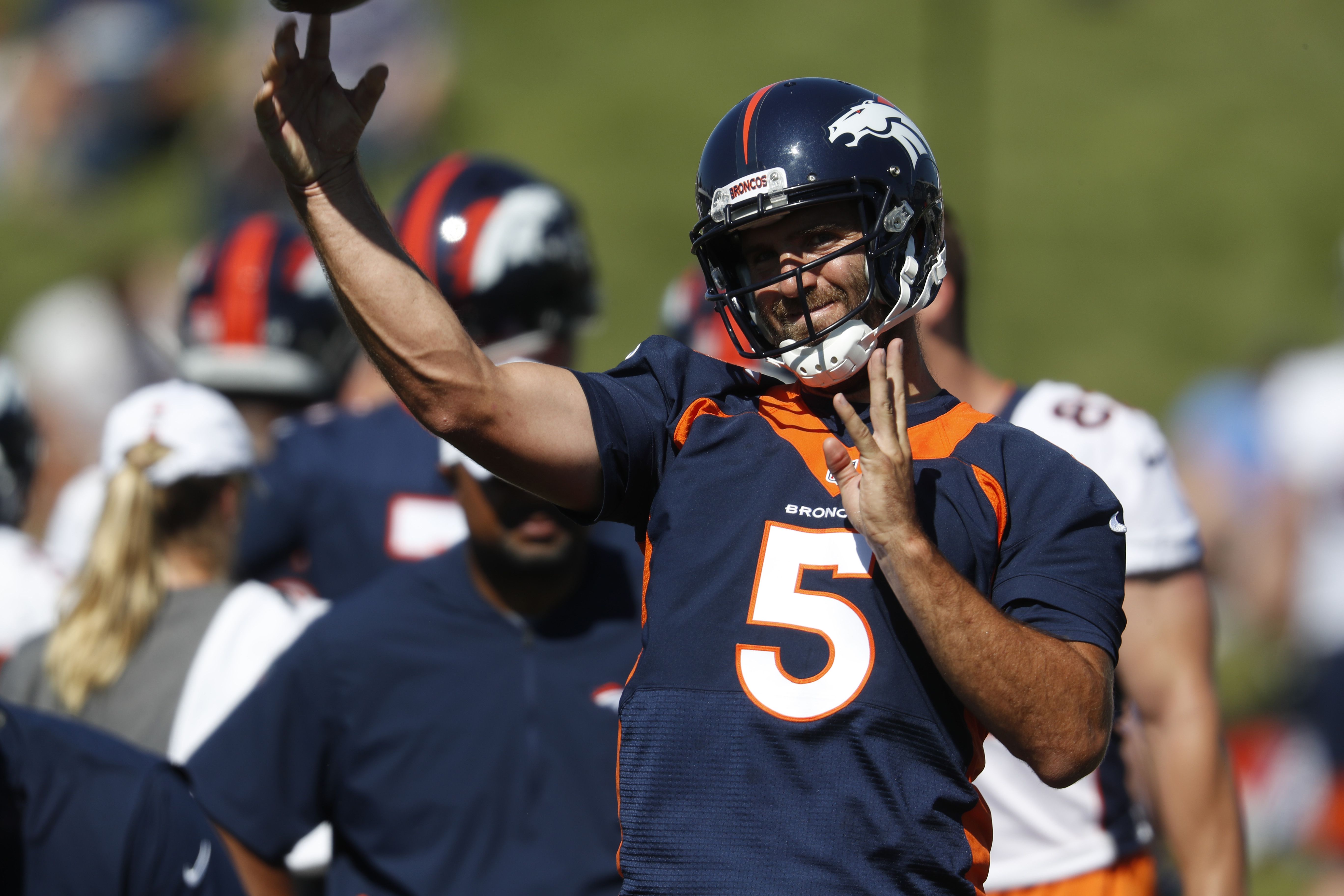 Denver Broncos quarterback Brett Rypien (4) looks to throw against the  Atlanta Falcons during the second half of the Pro Football Hall of Fame NFL  preseason game, Thursday, Aug. 1, 2019, in