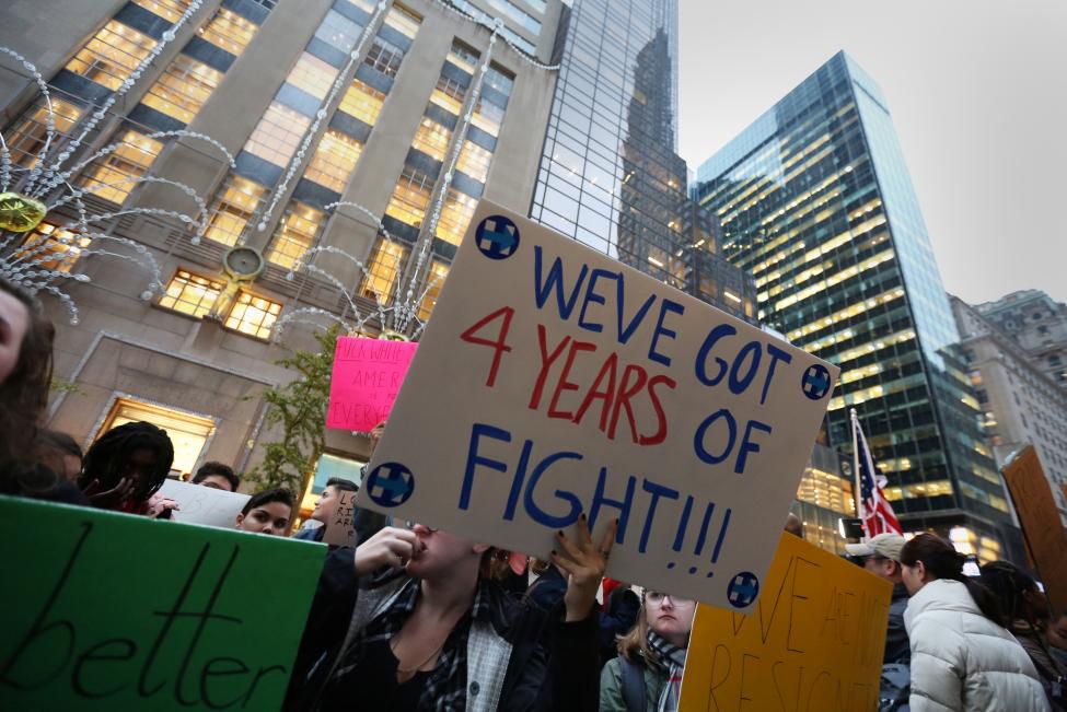 Protesters demonstrate across the street from Trump Tower after the election selected Republican president-elect Donald Trump in New York