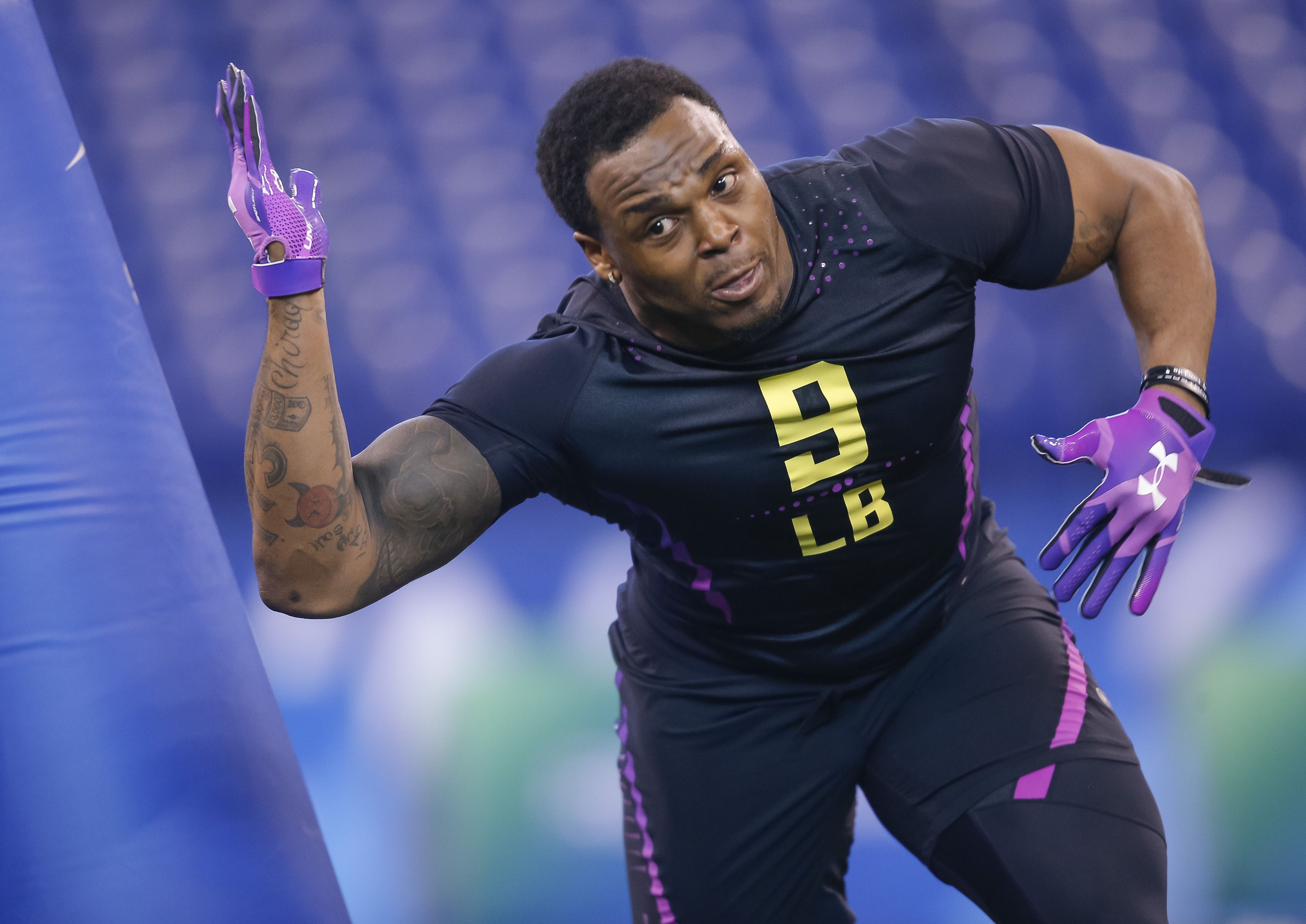 Indiana linebacker Chris Covington runs a drill at the NFL