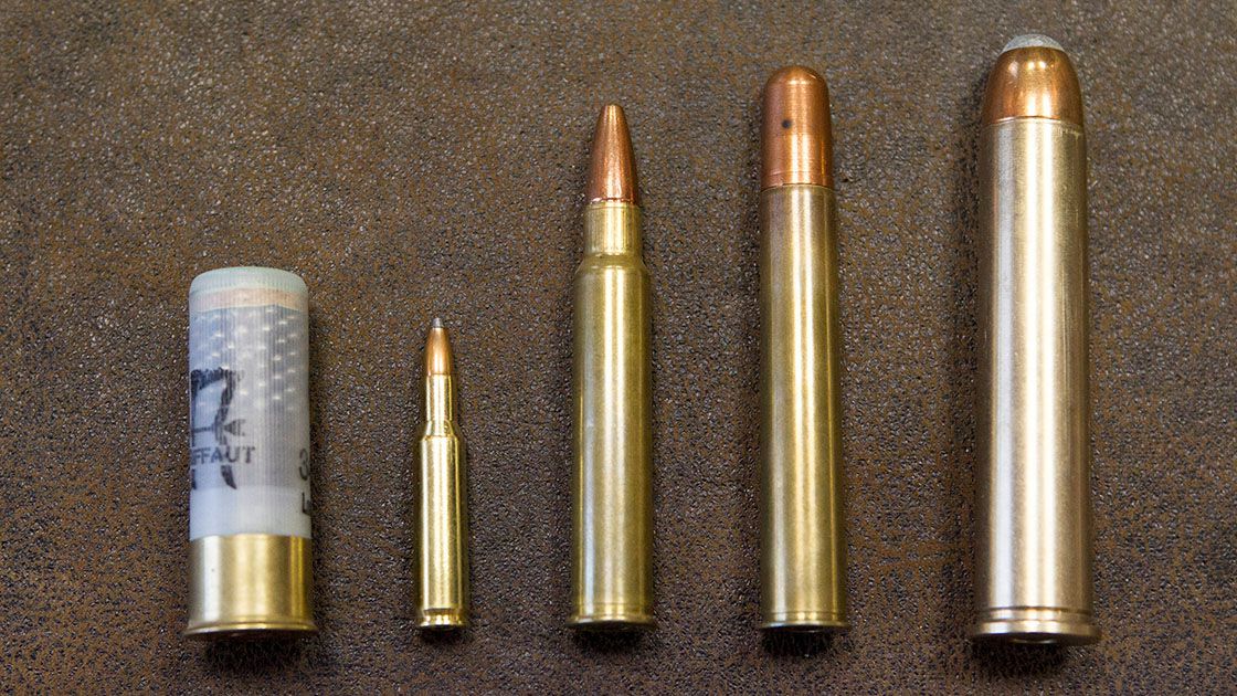 A view shows differents ammunitions for hunting rifles caliber 12, 222 remington, 375 RVC, 500 NE and 700 NE in the Verney-Carron factory