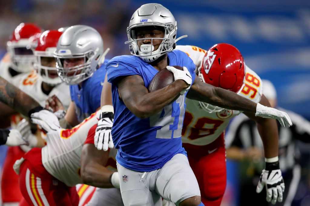 Detroit Lions cornerback Steven Gilmore (36) runs against Jacksonville  Jaguars wide receiver Seth Williams (81) after Gilmore interc epted the  ball during the first half of a preseason NFL football game, Saturday