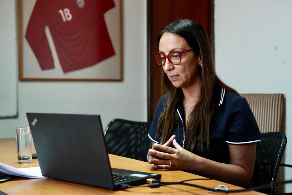 La ministra Cecilia Pérez atendiendo a La Tercera a través de un video llamado.