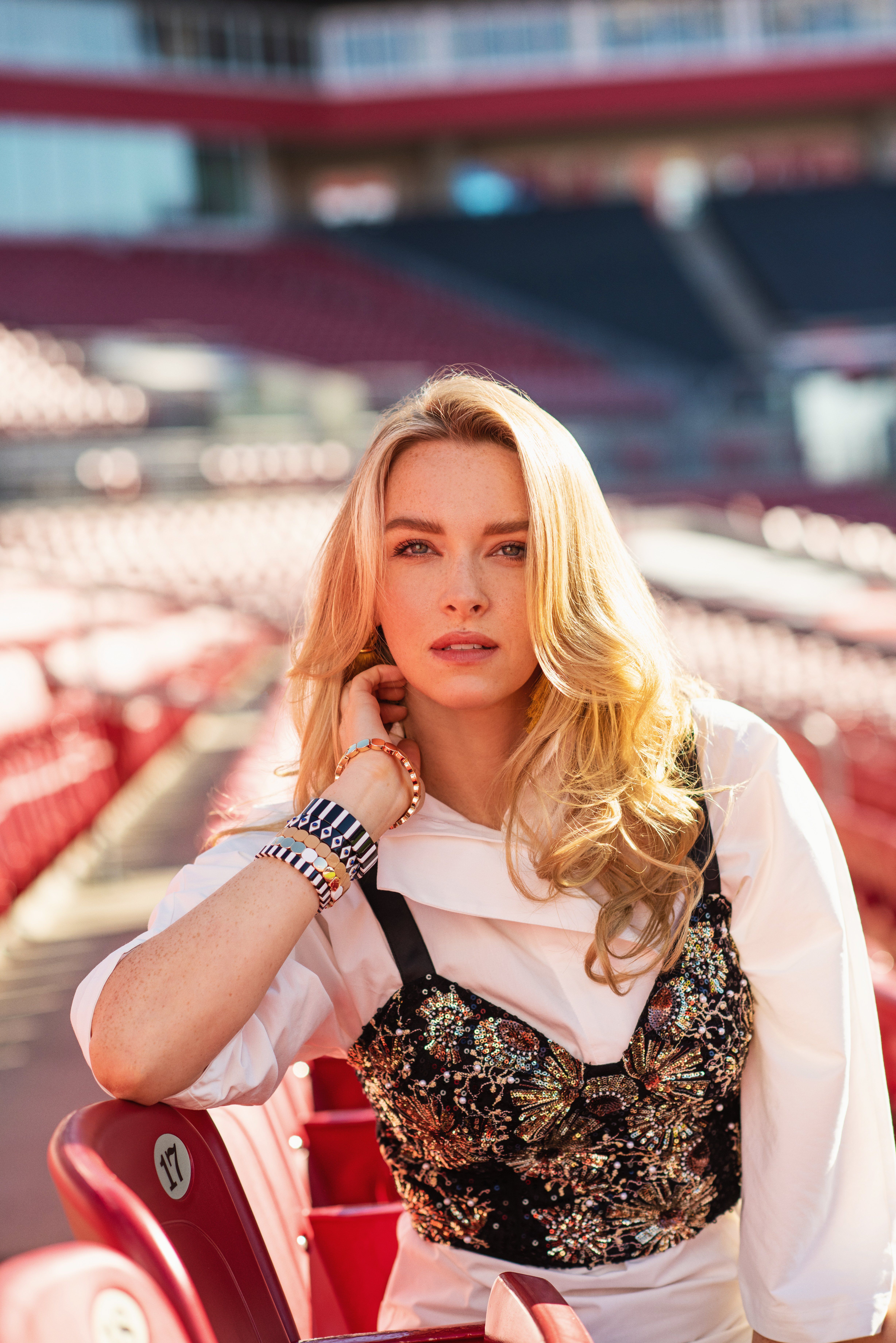 Camille Kostek models Bucs-inspired looks at Raymond James Stadium in Tampa